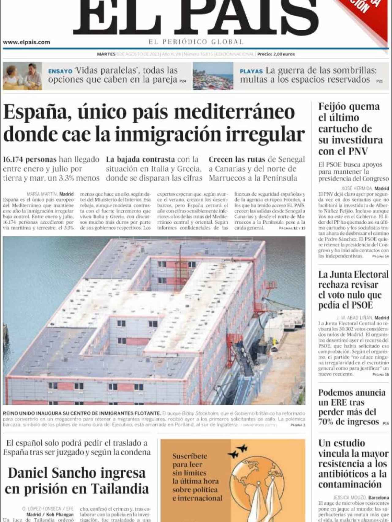 Portada de 'El País' de 8 de agosto de 2023