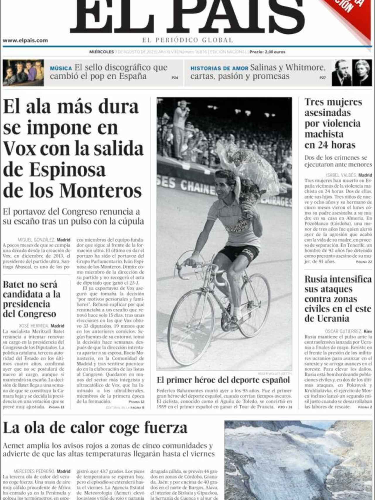 Portada de 'El País' de 9 de agosto de 2023