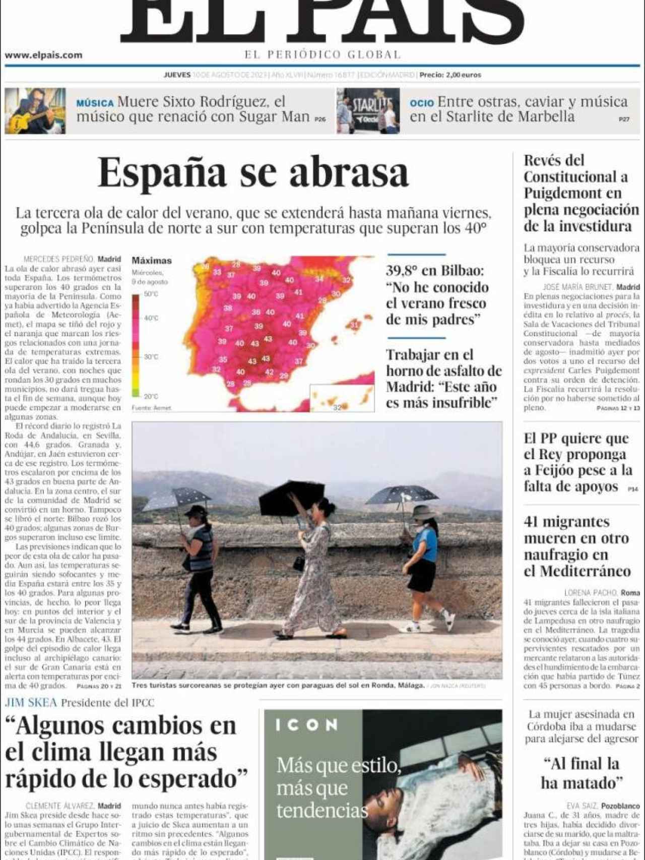Portada de 'El País' de 10 de agosto de 2023