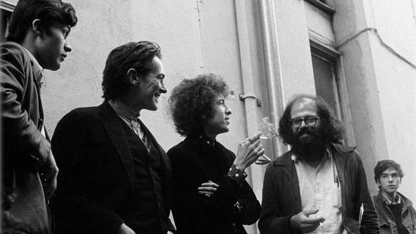 Robbie Robertson, Michael McClure, Bob Dylan and Allen Ginsberg en San Francisco