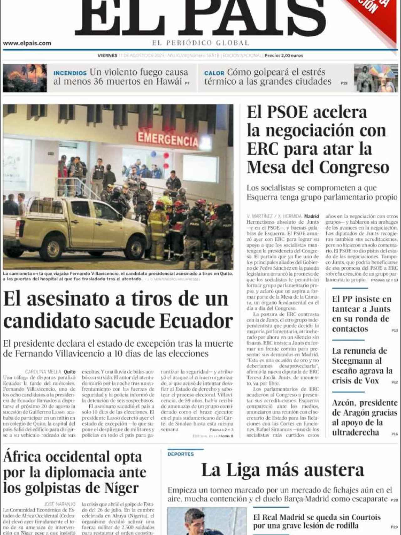 Portada de 'El País' de 11 de agosto de 2023