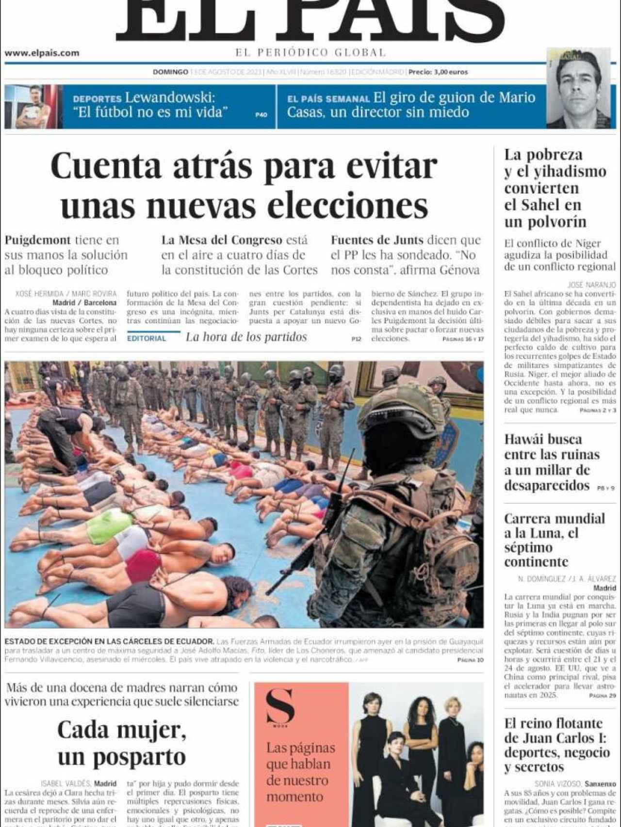 Portada de 'El País' de 13 de agosto de 2023