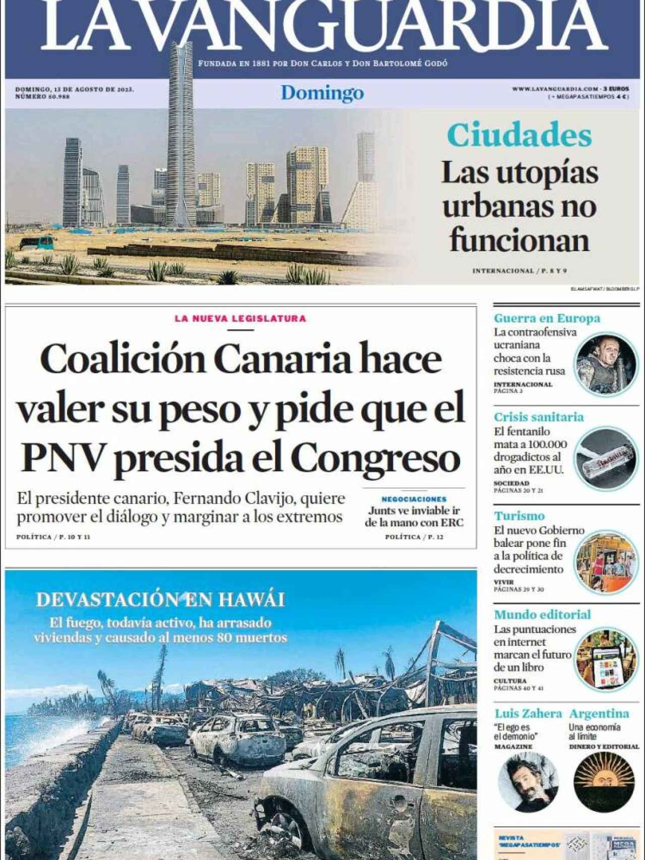 Portada de 'La Vanguardia' de 13 de agosto de 2023