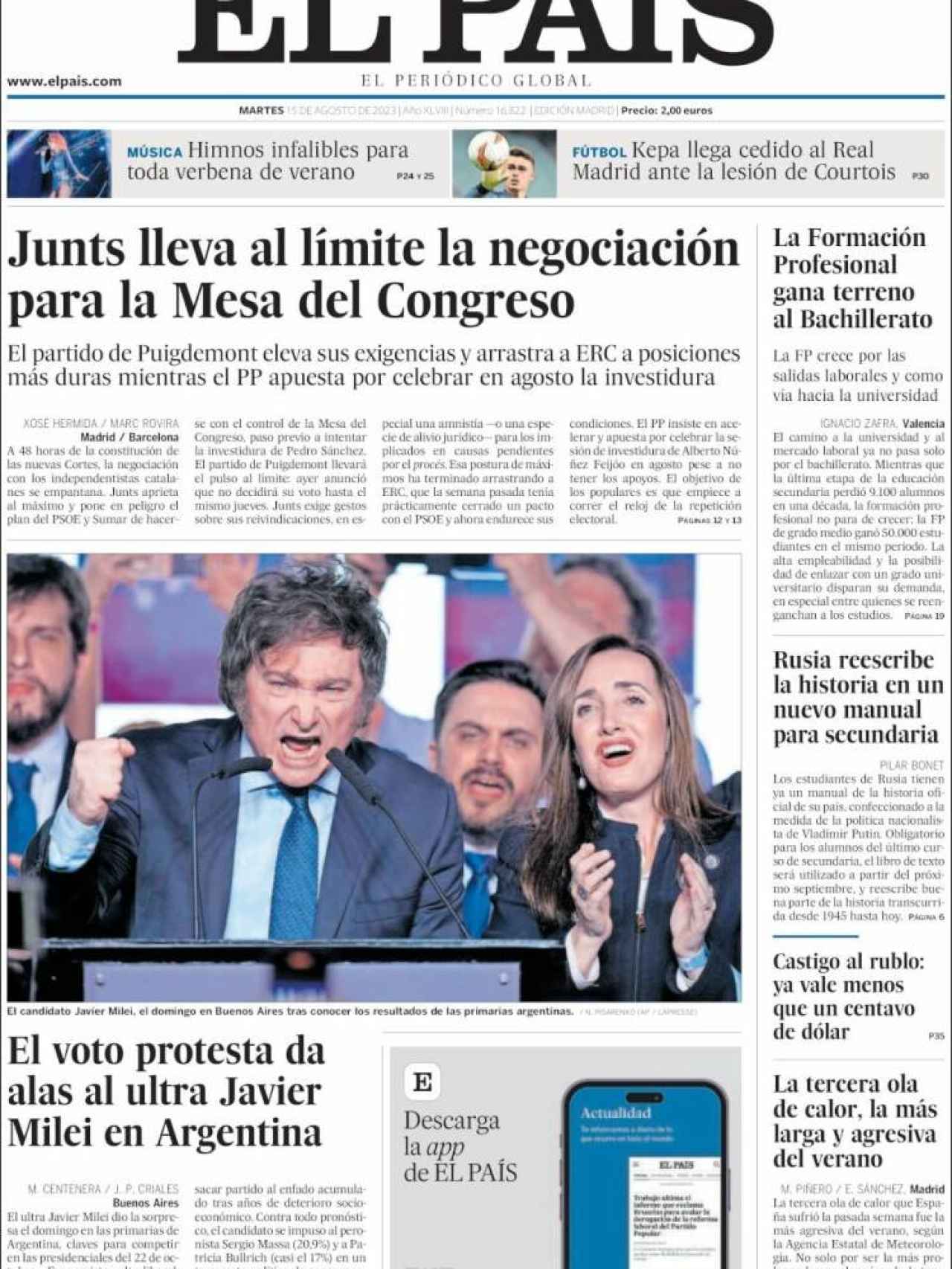 Portada de 'El País' del 15 de agosto de 2023