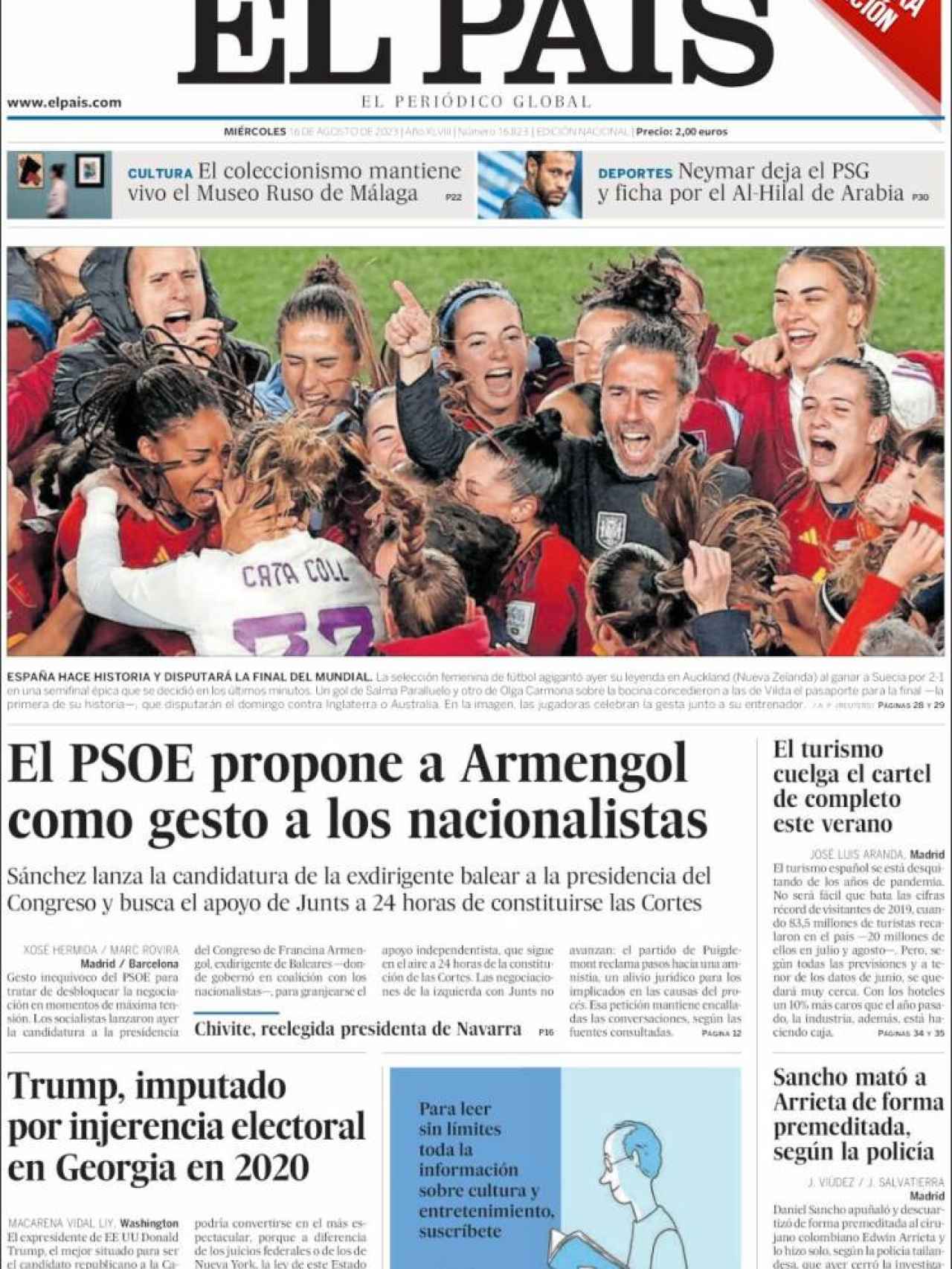 Portada de 'El País' del 16 de agosto de 2023