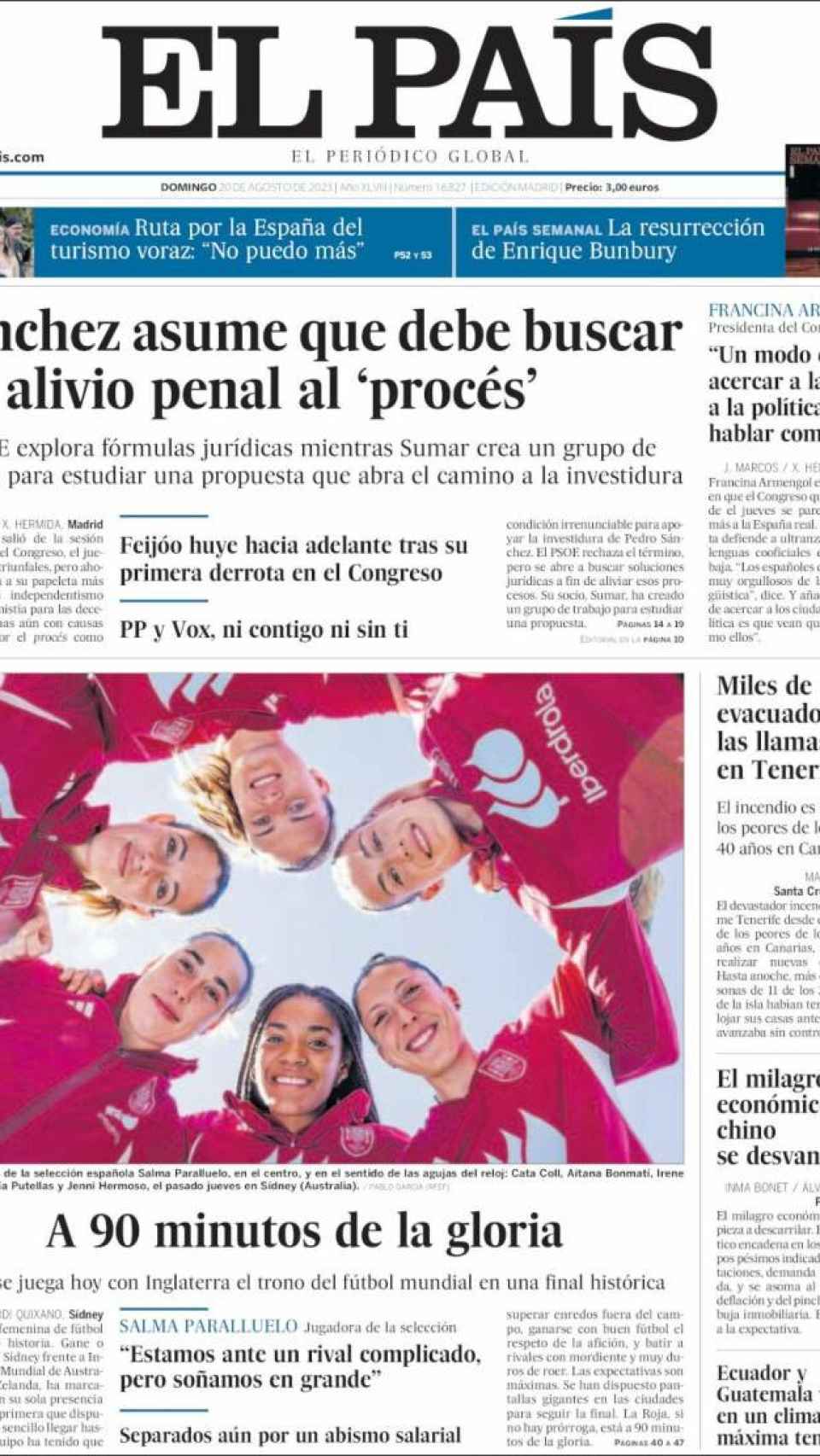 Portada de 'El País' del 20 de agosto de 2023