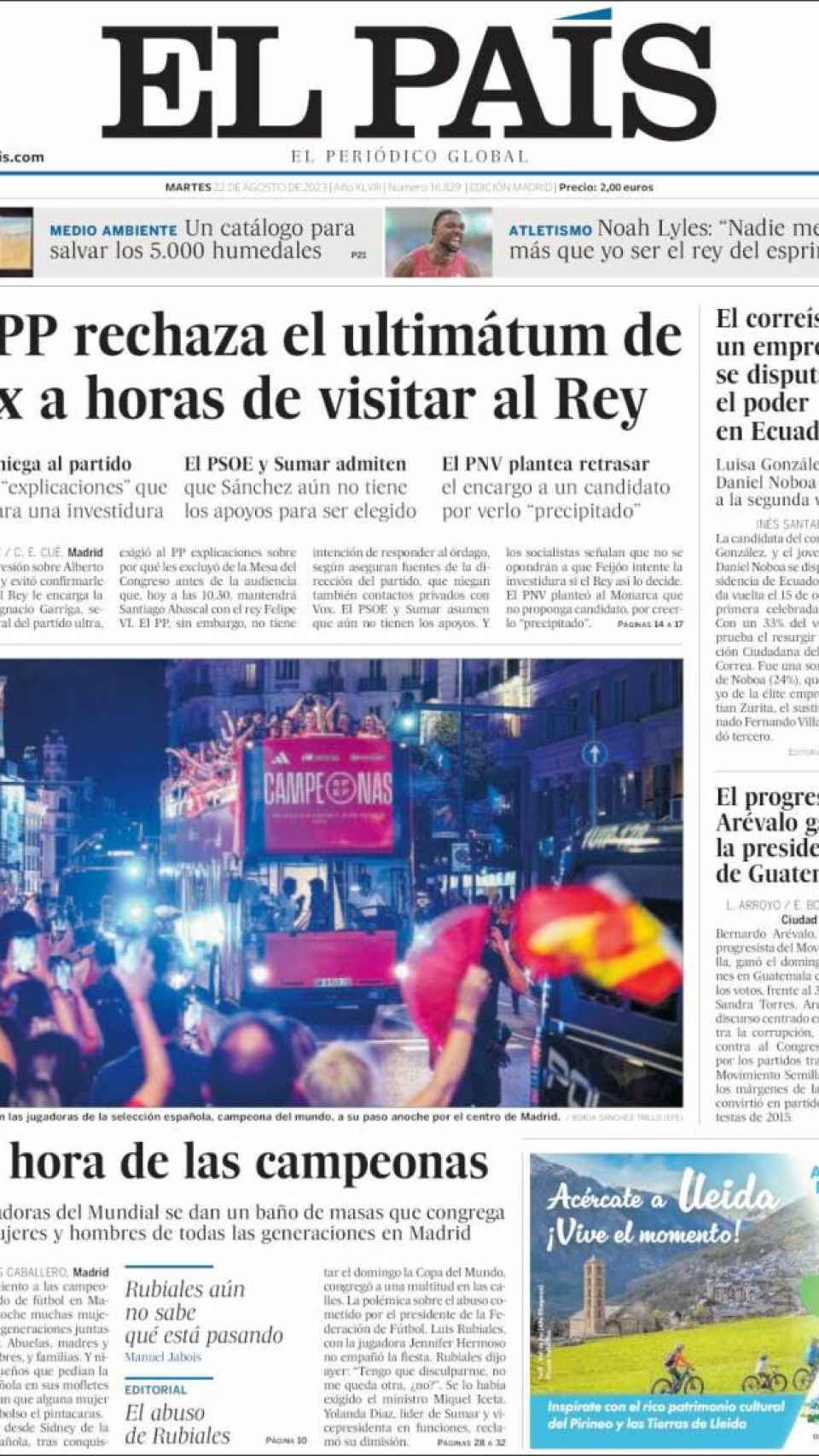 Portada de El País del 22 de agosto de 2023