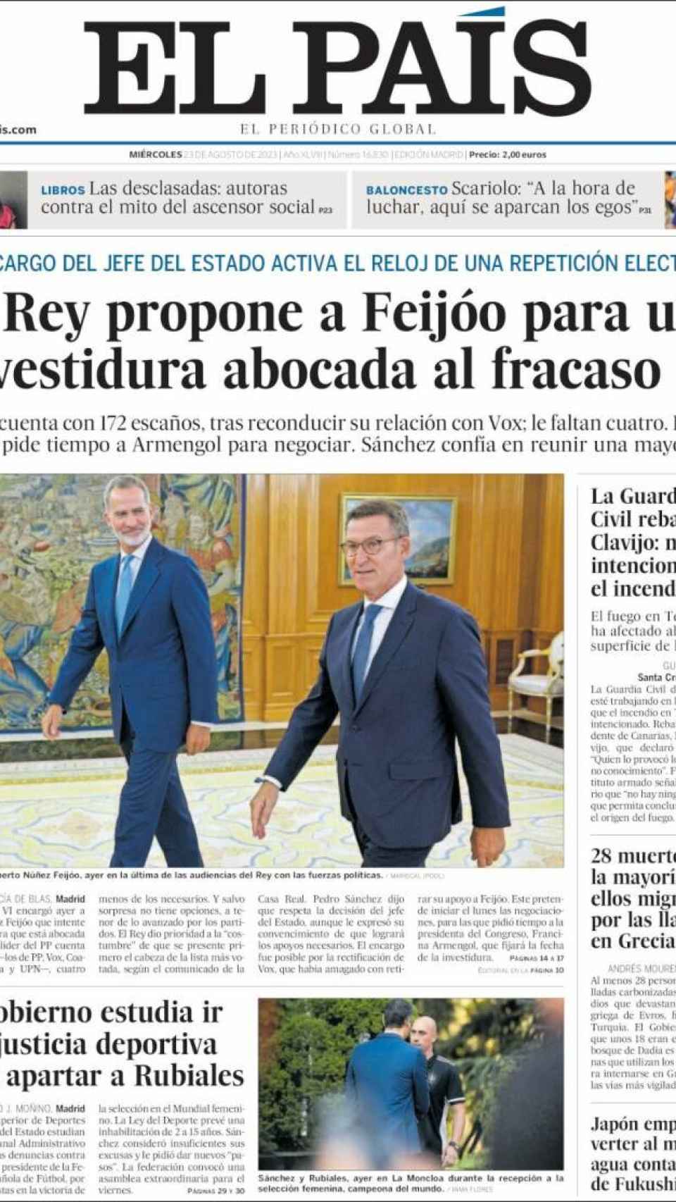 Portada de 'El País' del 23 de agosto de 2023