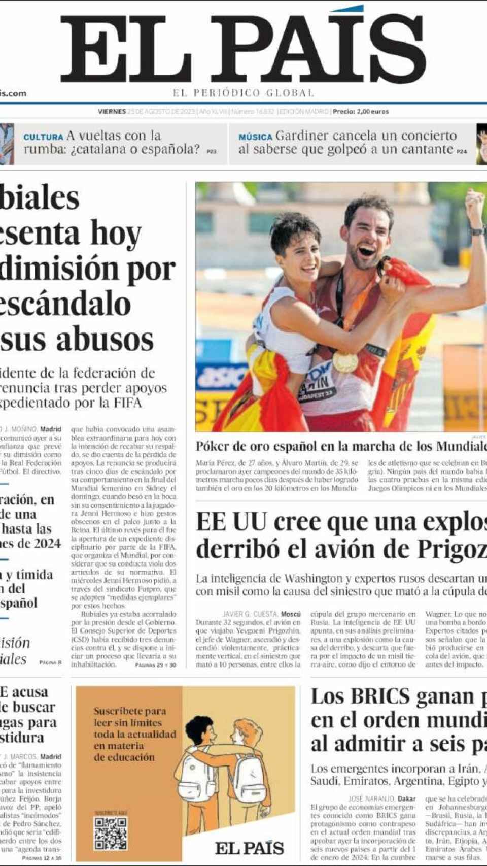 Portada de 'El País' del 25 de agosto de 2023