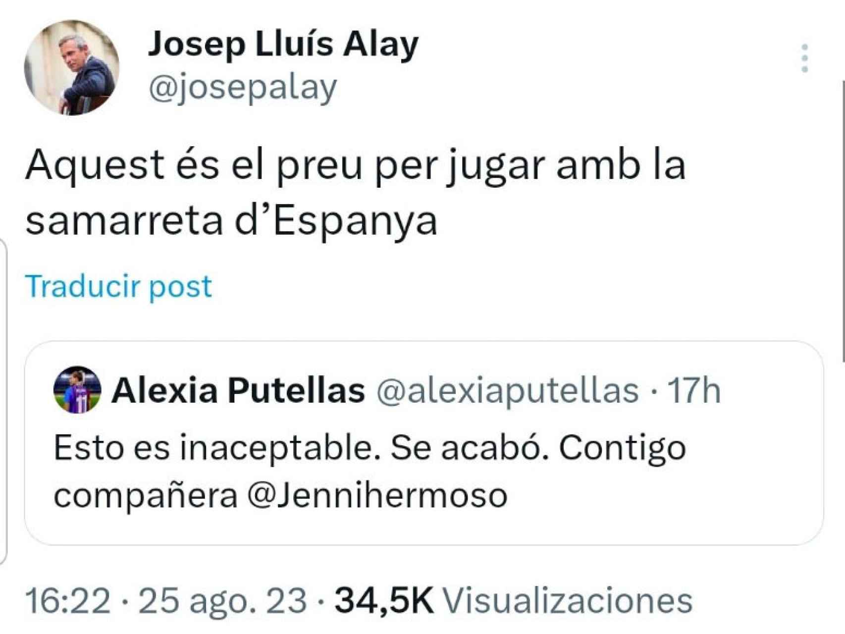 Tuit de Josep Lluís Alay sobre el caso Rubiales