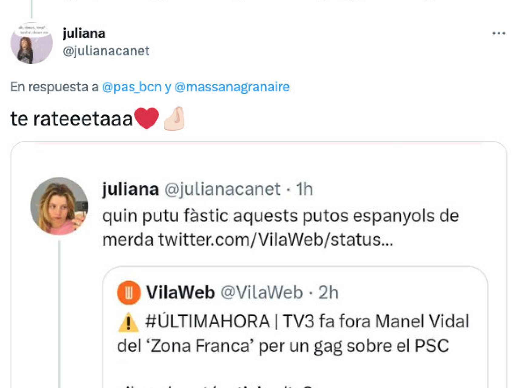 Tuit de Juliana Canet, presumiendo de su tuit borrado sobre los putos españoles de mierda