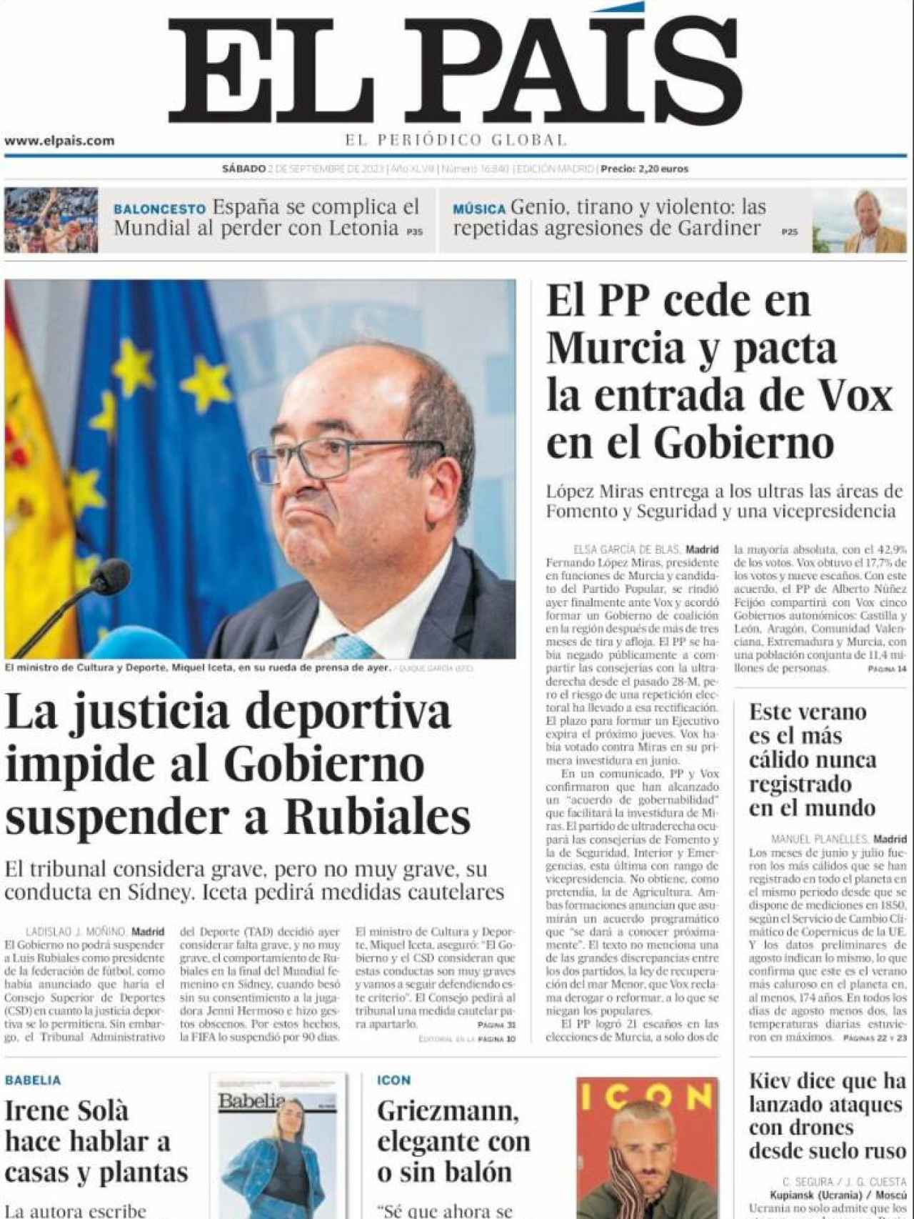 Portada de 'El País' del 2 de septiembre de 2023