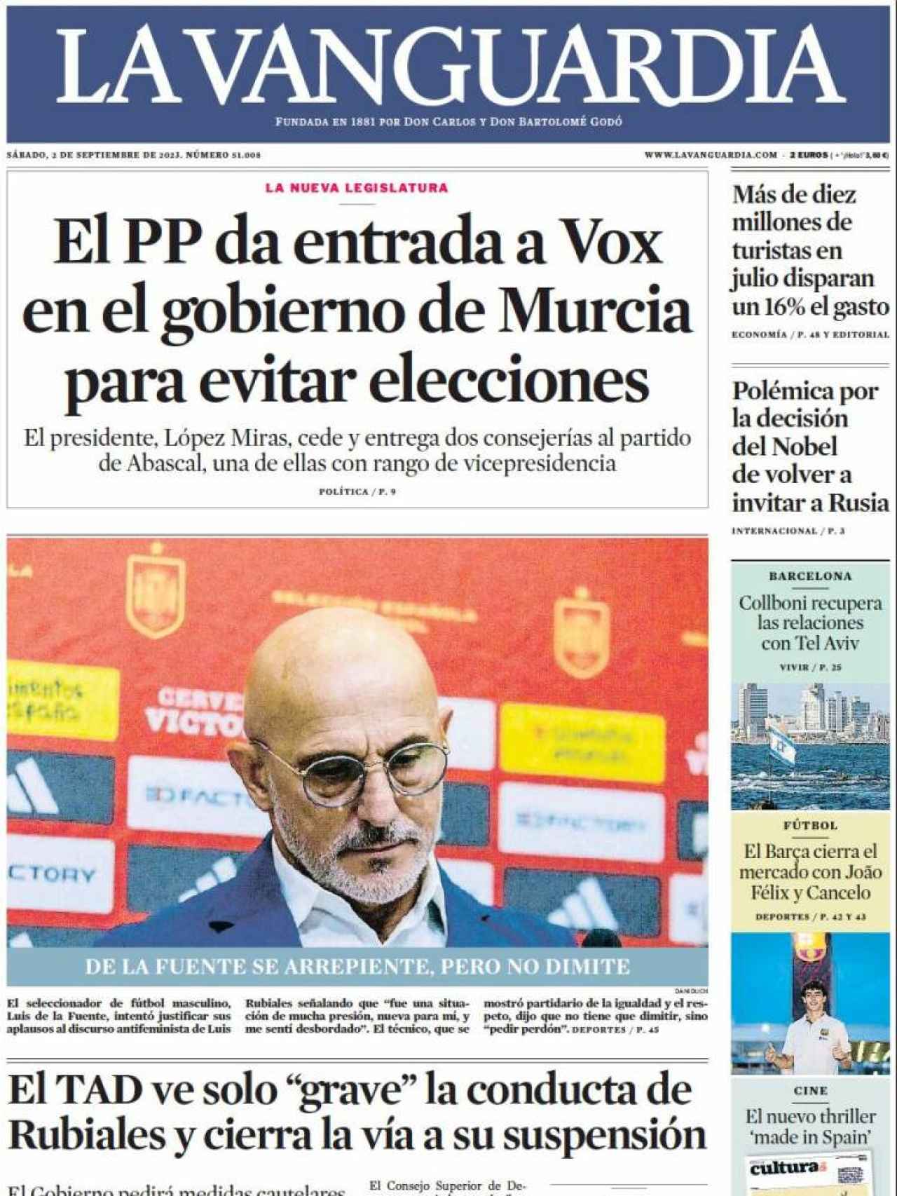 Portada de 'La Vanguardia' del 2 de septiembre de 2023