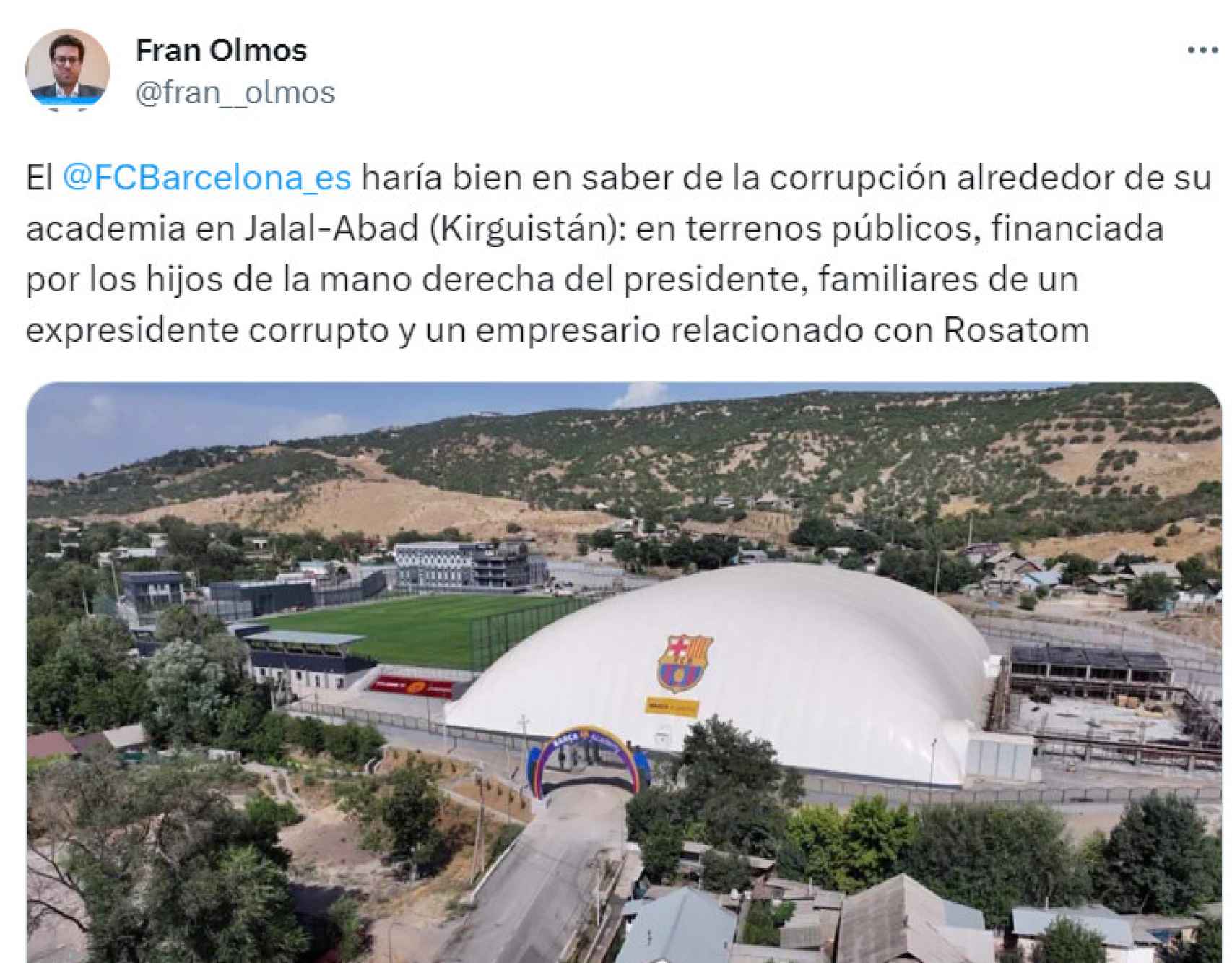 Fran Olmos, periodista especialista en Asia, critica la apertura de una Barça Academy en Kirguistán
