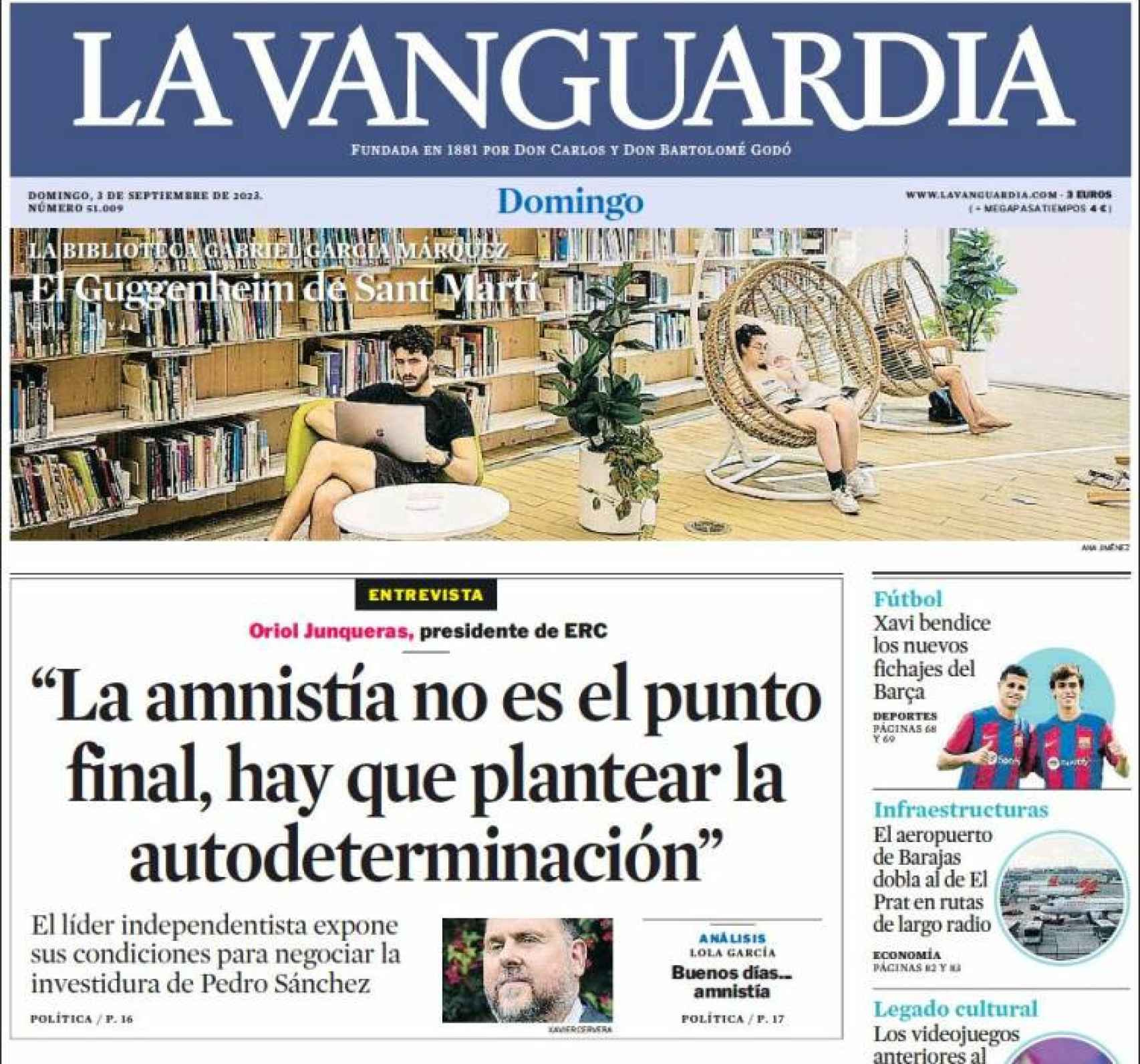 Portada de 'La Vanguardia' del 3 de septiembre de 2023
