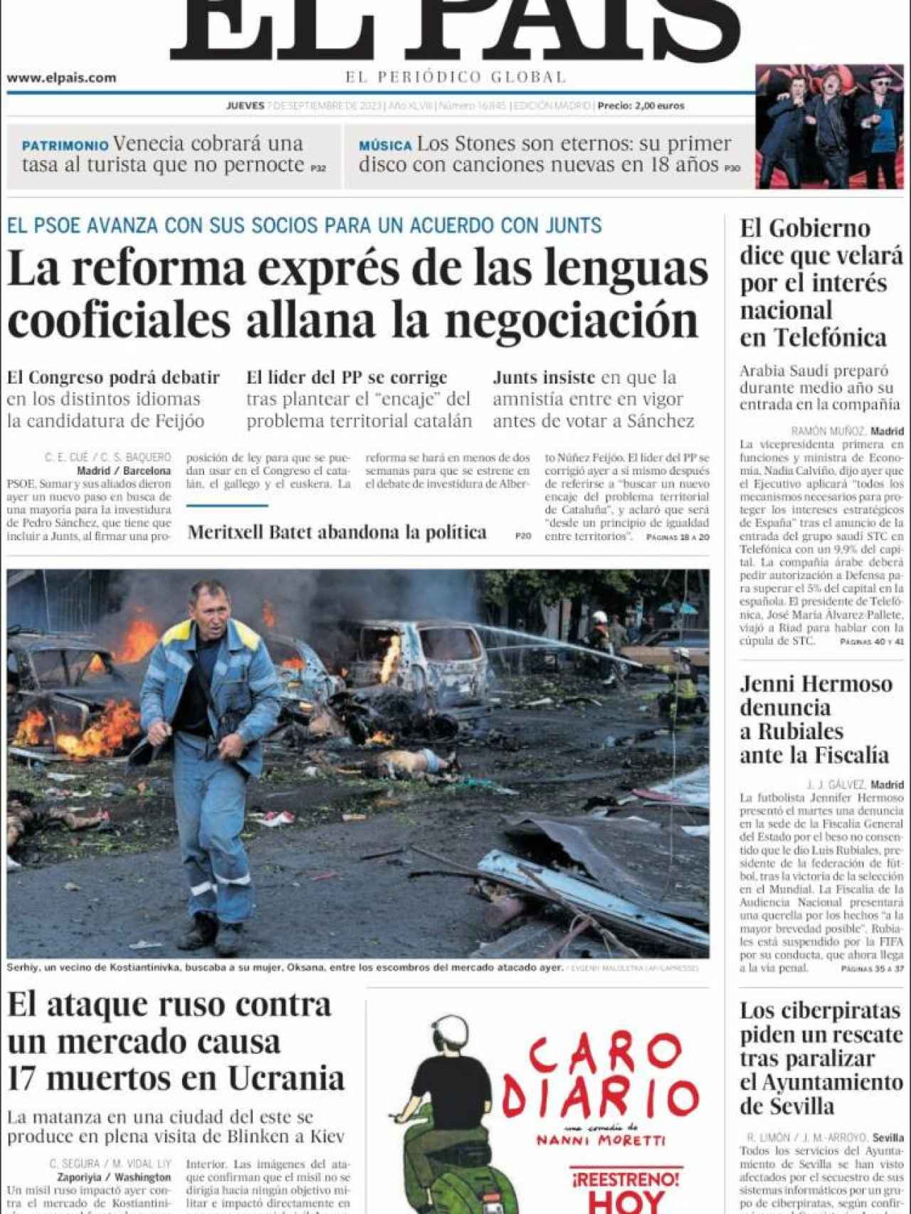 Portada de 'El País' de 7 de septiembre de 2023