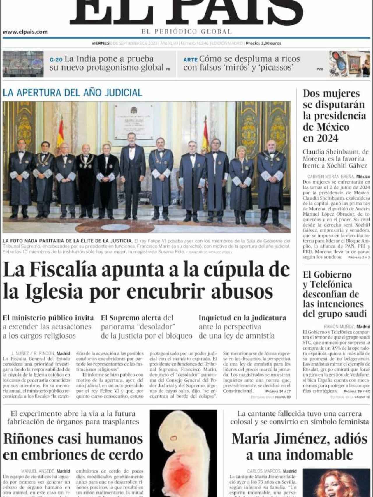 Portada de 'El País' de 8 de septiembre de 2023