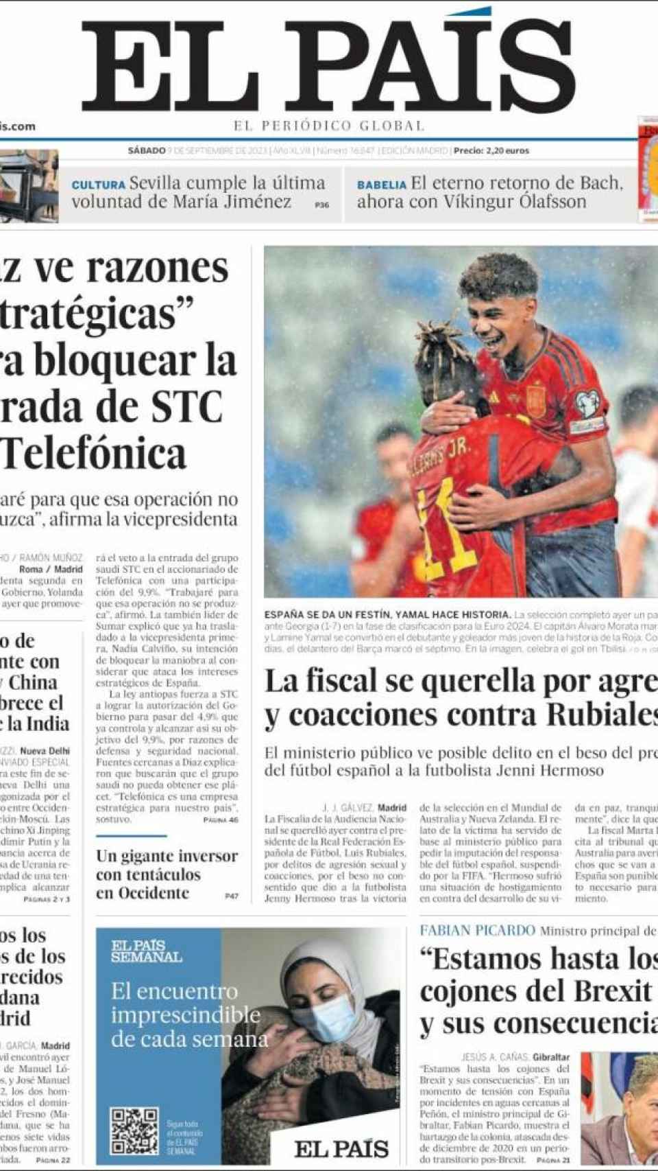 Portada de 'El País' del 9 de septiembre de 2023