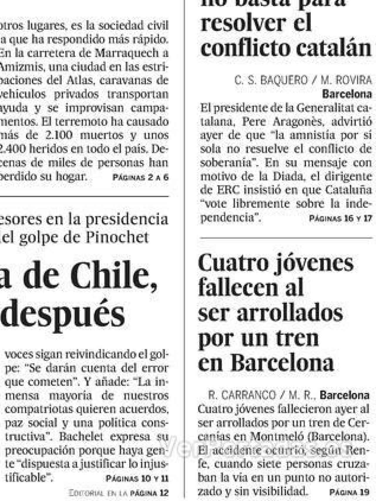 Detalle de la portada de El País, 11 de septiembre de 2023