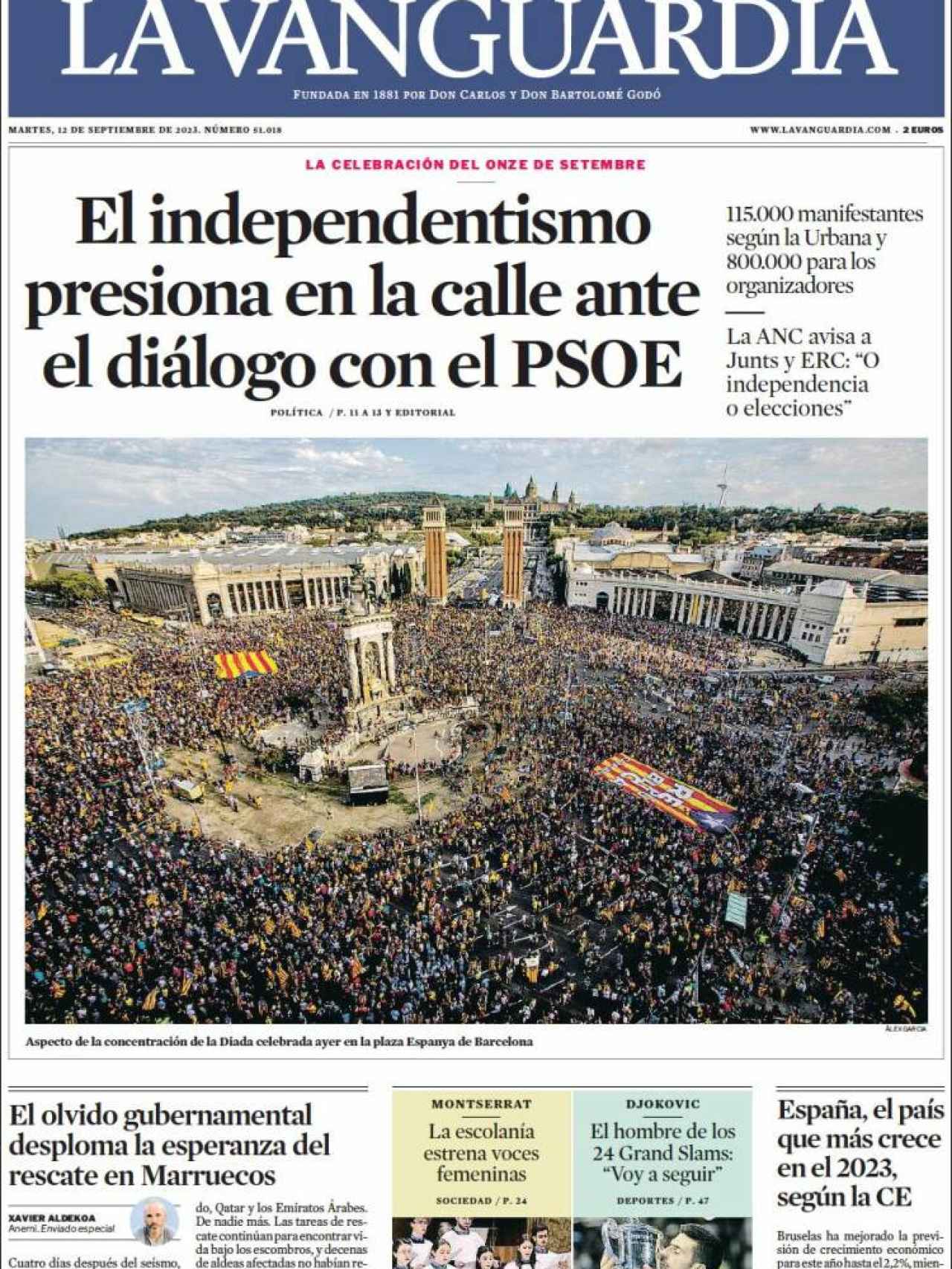 Portada de 'La Vanguardia' de 12 de septiembre de 2023