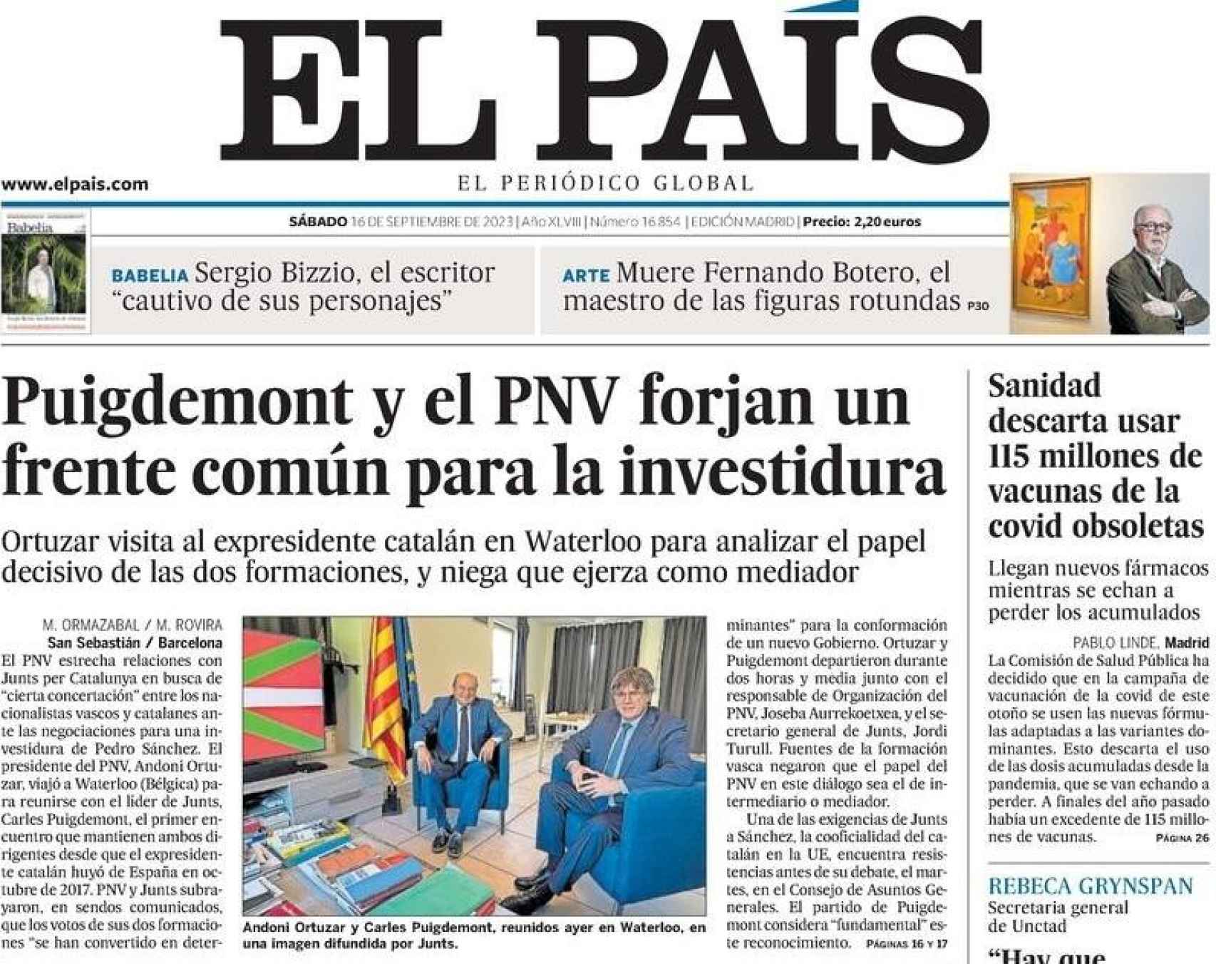 Portada de El País, 16 de septiembre de 2023