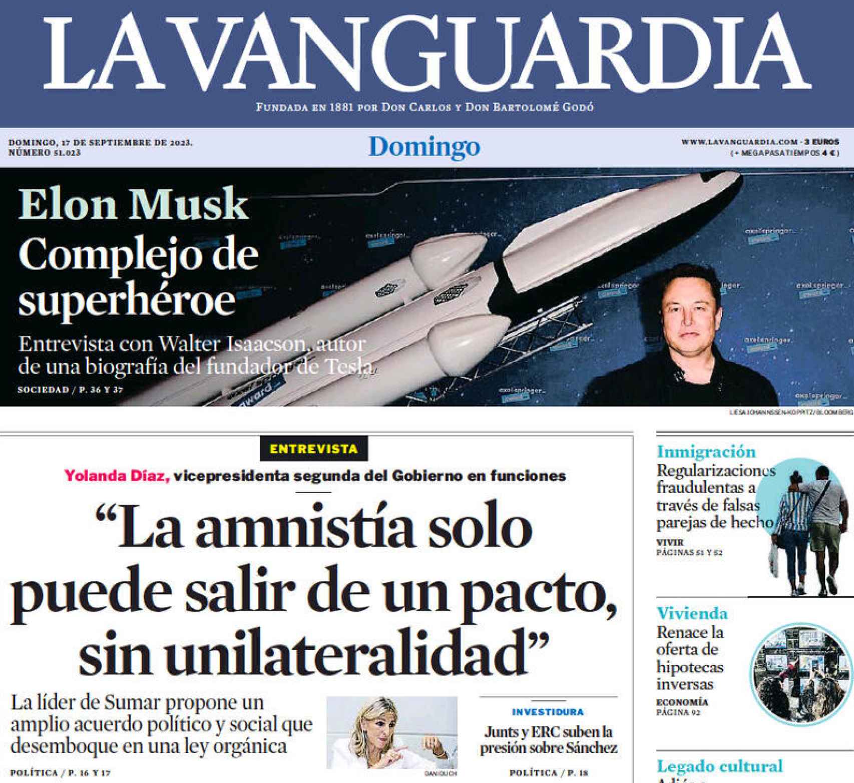 Portada de La Vanguardia, 17 de septiembre de 2023