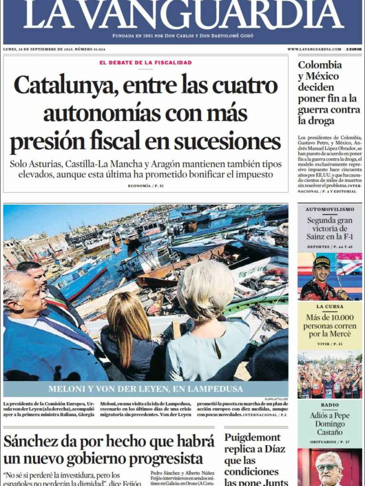 Portada de 'La Vanguardia' de 18 de septiembre de 2023