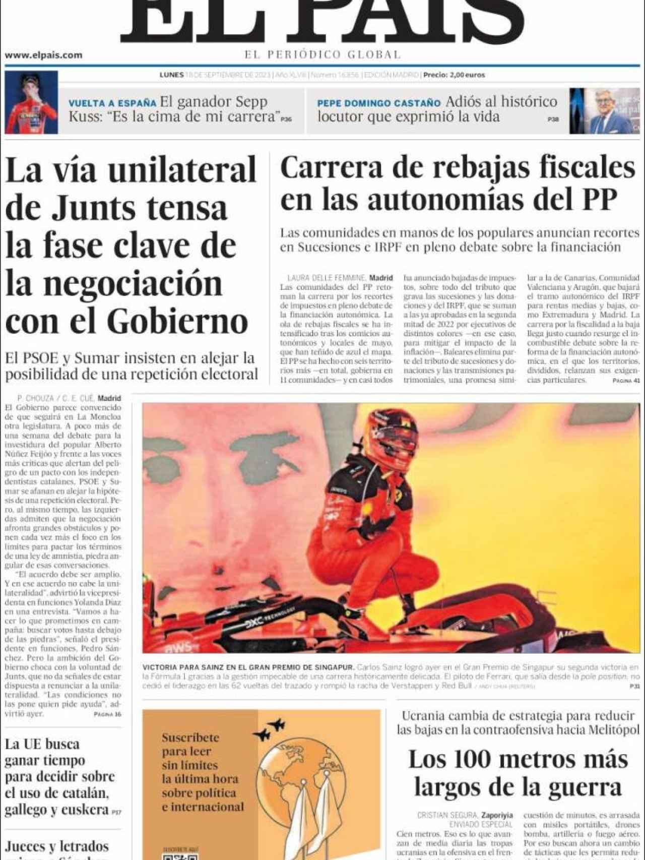 Portada de 'El País' de 18 de septiembre de 2023