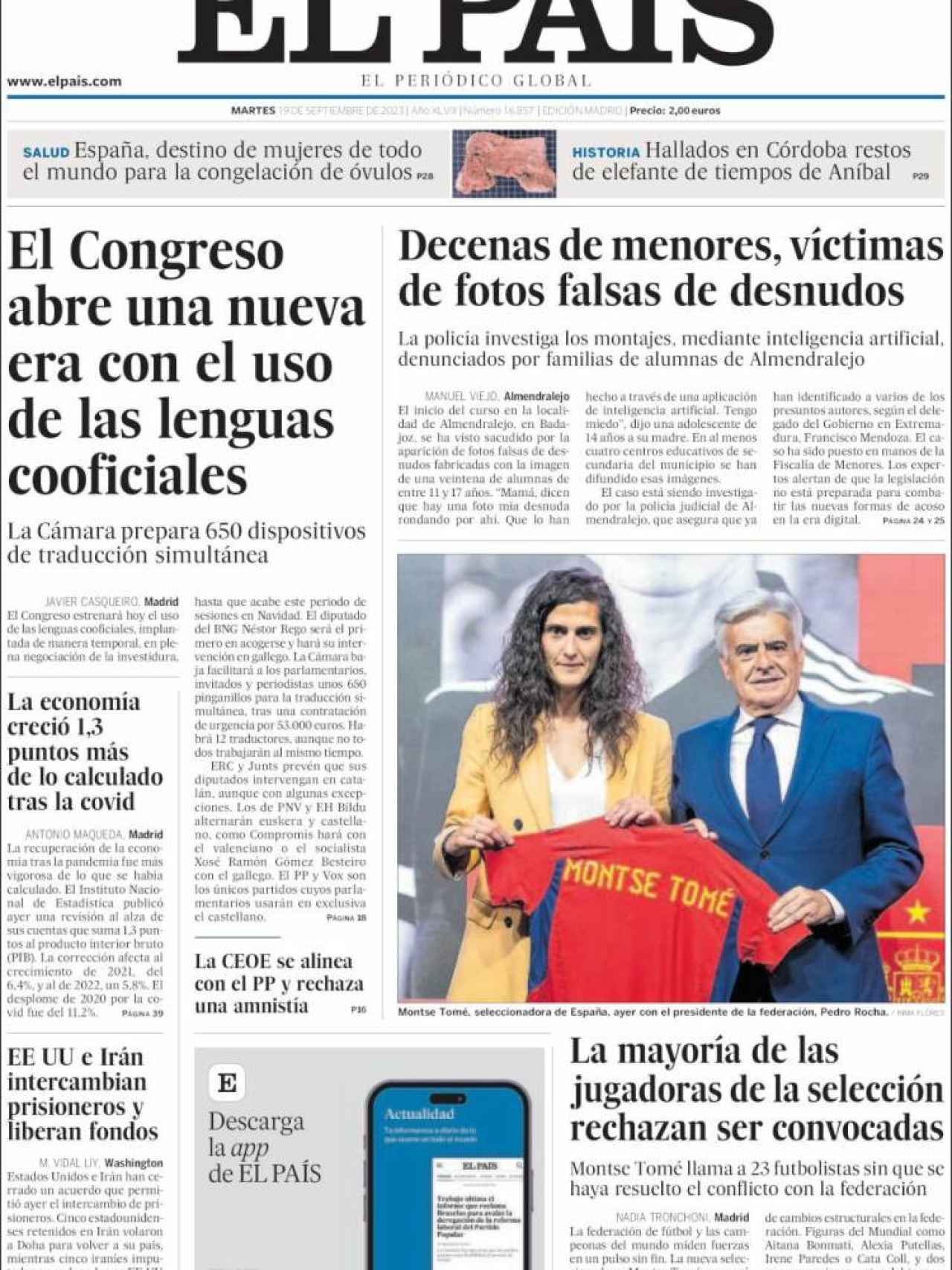 Portada de 'El País' de 19 de septiembre de 2023