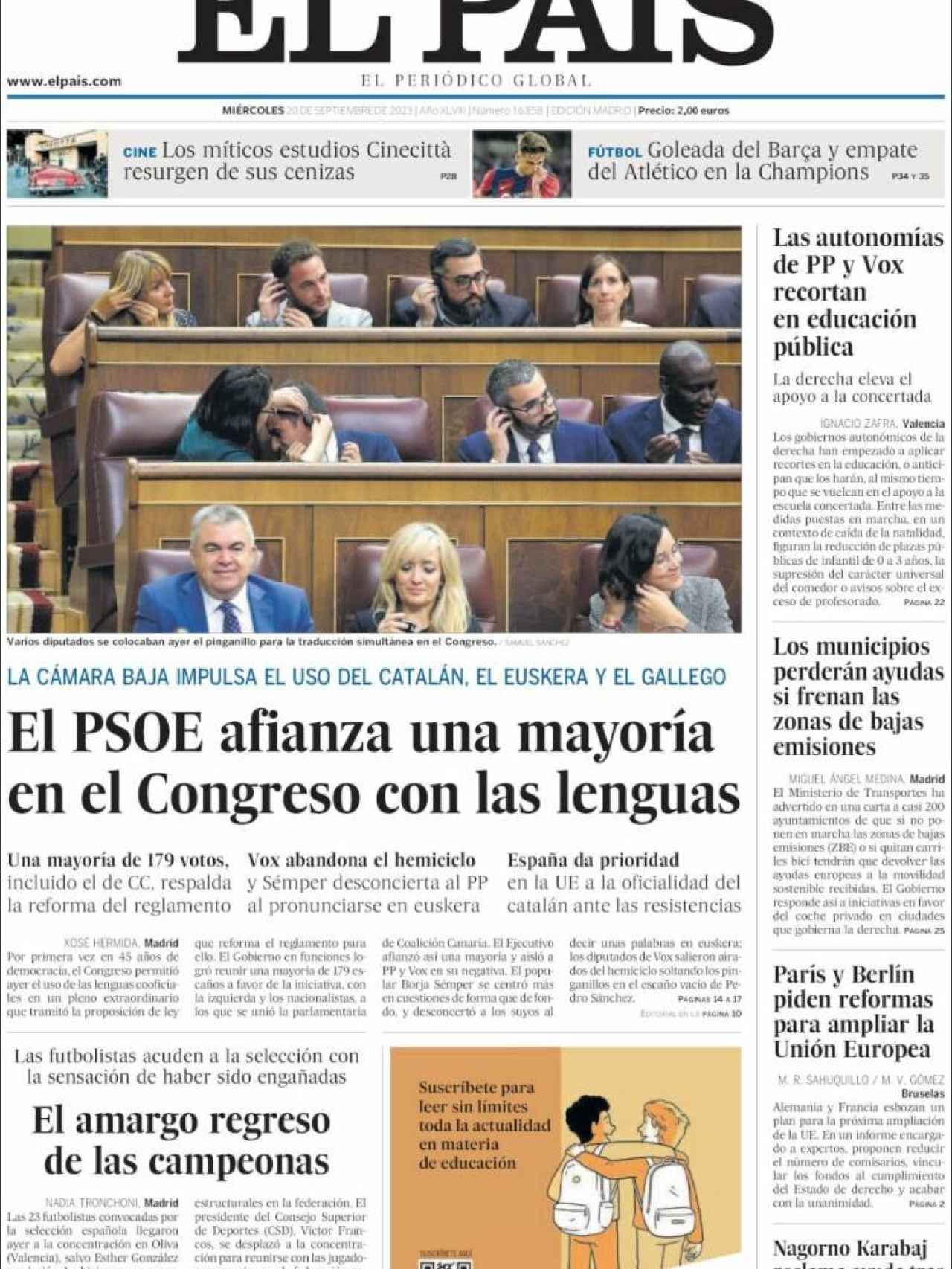Portada de 'El País' de 20 de septiembre de 2023