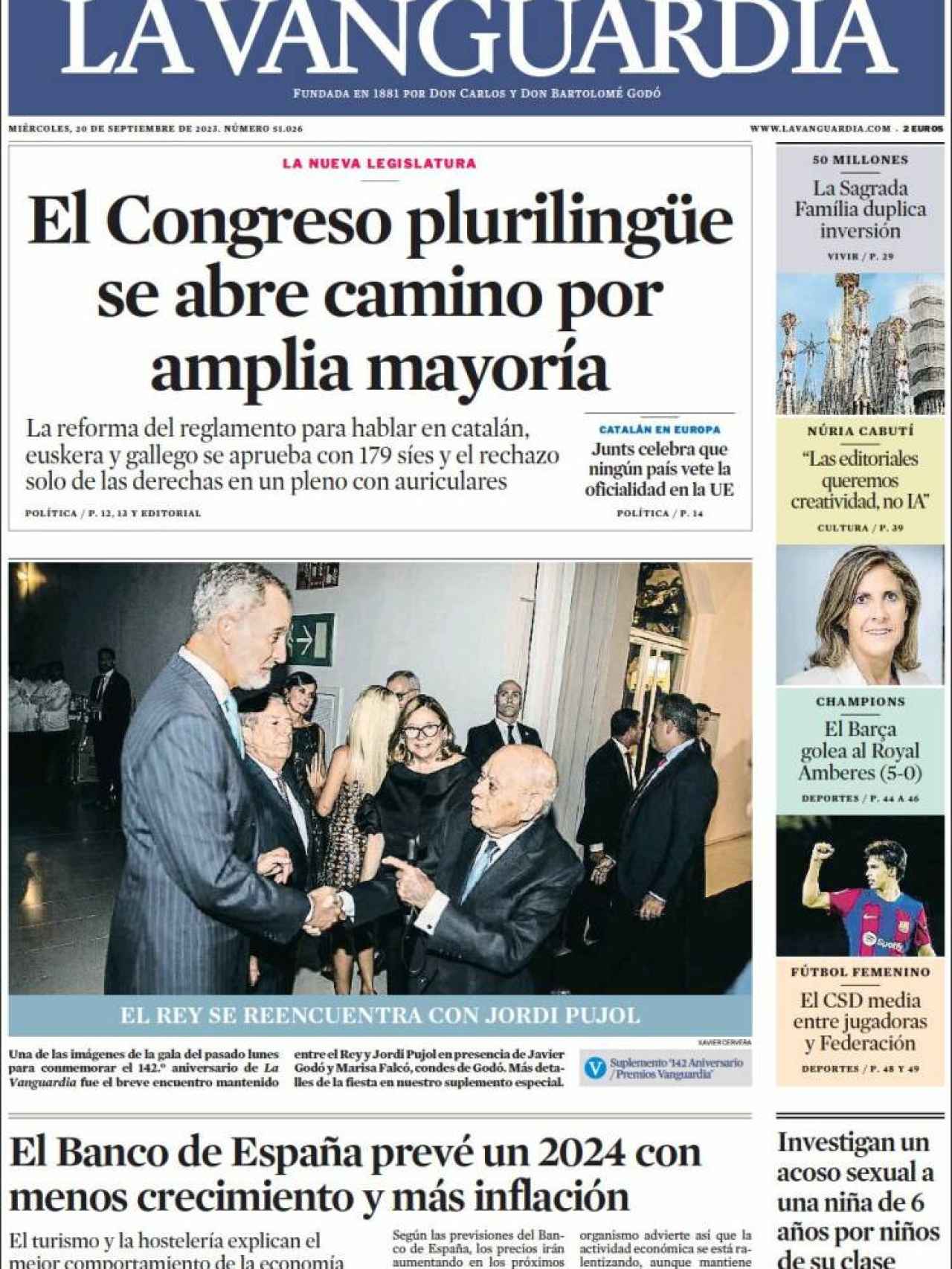 Portada de 'La Vanguardia' de 20 de septiembre de 2023
