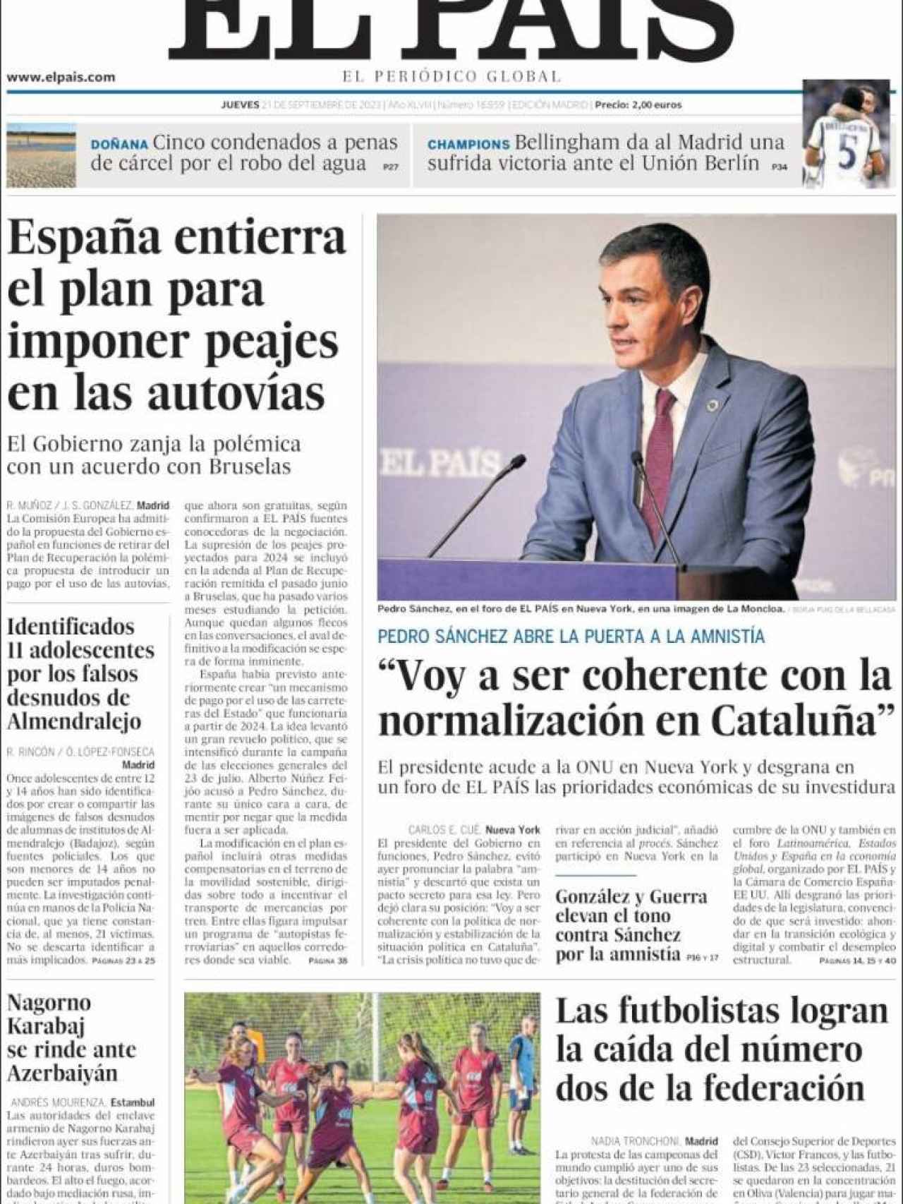 Portada de 'El País' de 21 de septiembre de 2023