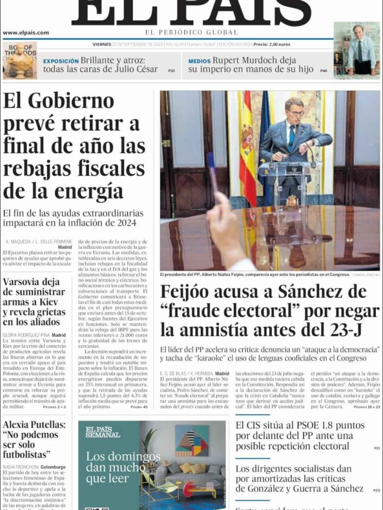 Portada de 'El País' de 22 de septiembre de 2023
