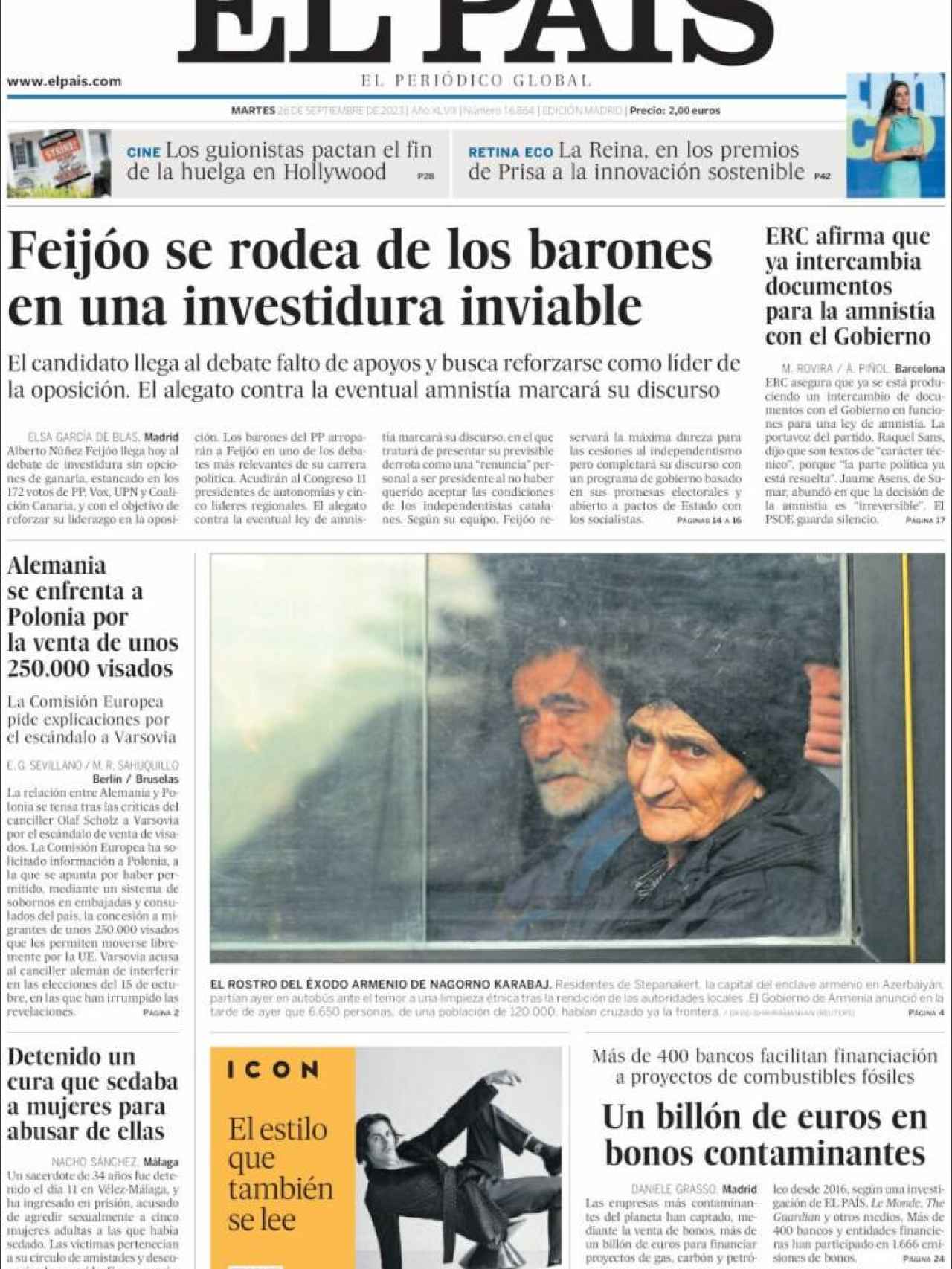 Portada de 'El País' de 26 de septiembre de 2023