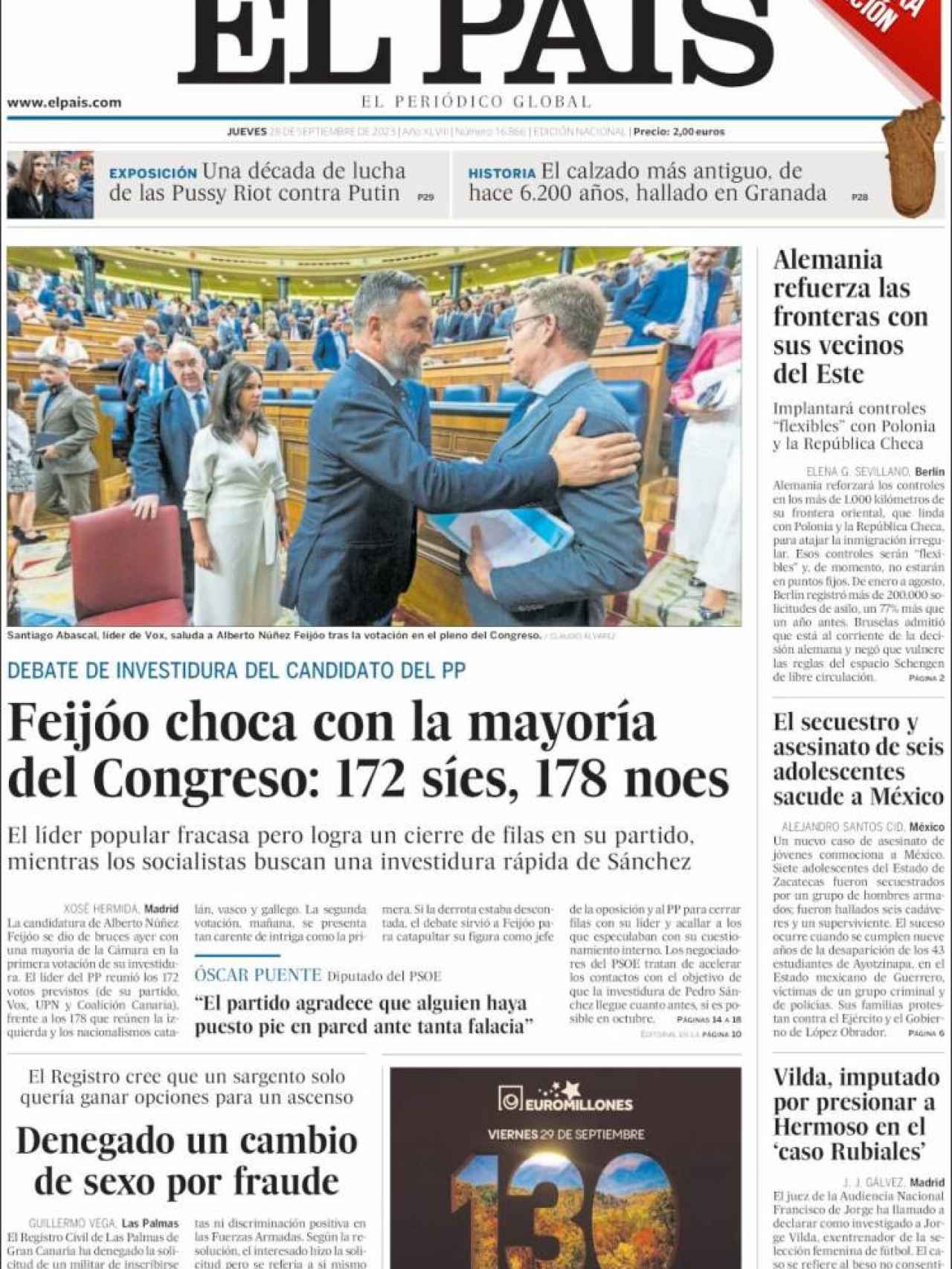 Portada de 'El País' de 28 de septiembre de 2023