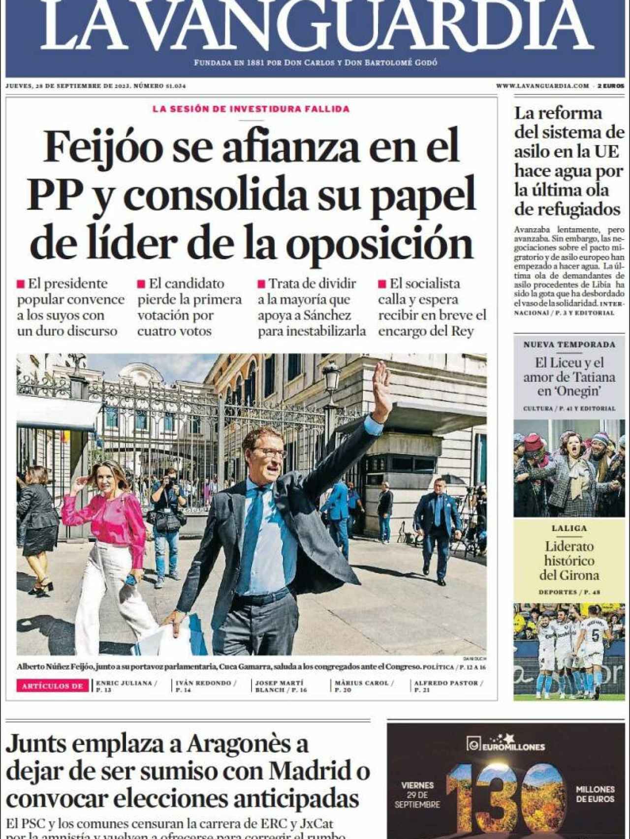 Portada de 'La Vanguardia' de 28 de septiembre de 2023