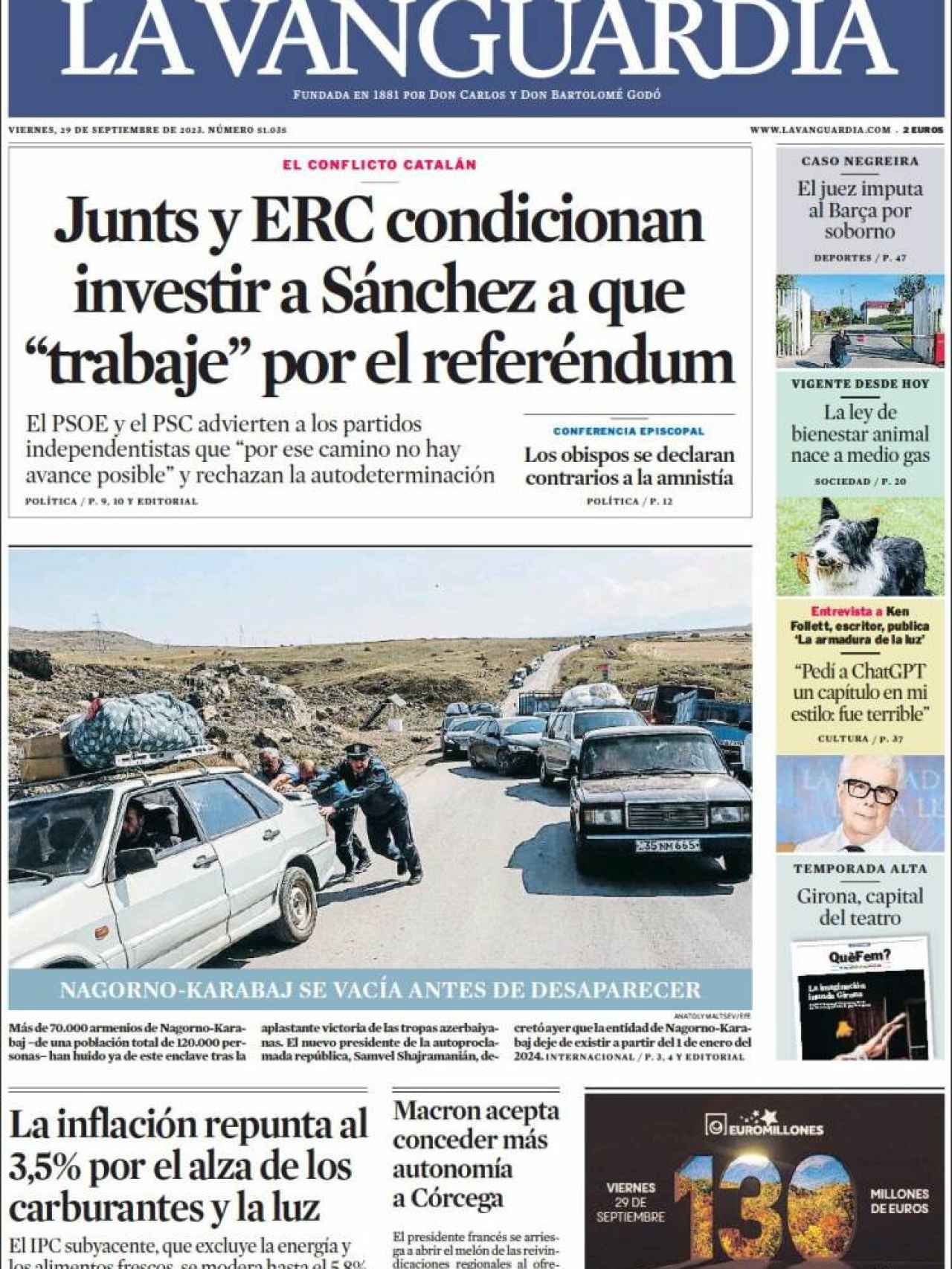 La portada de 'La Vanguardia' del 29 de septiembre de 2023