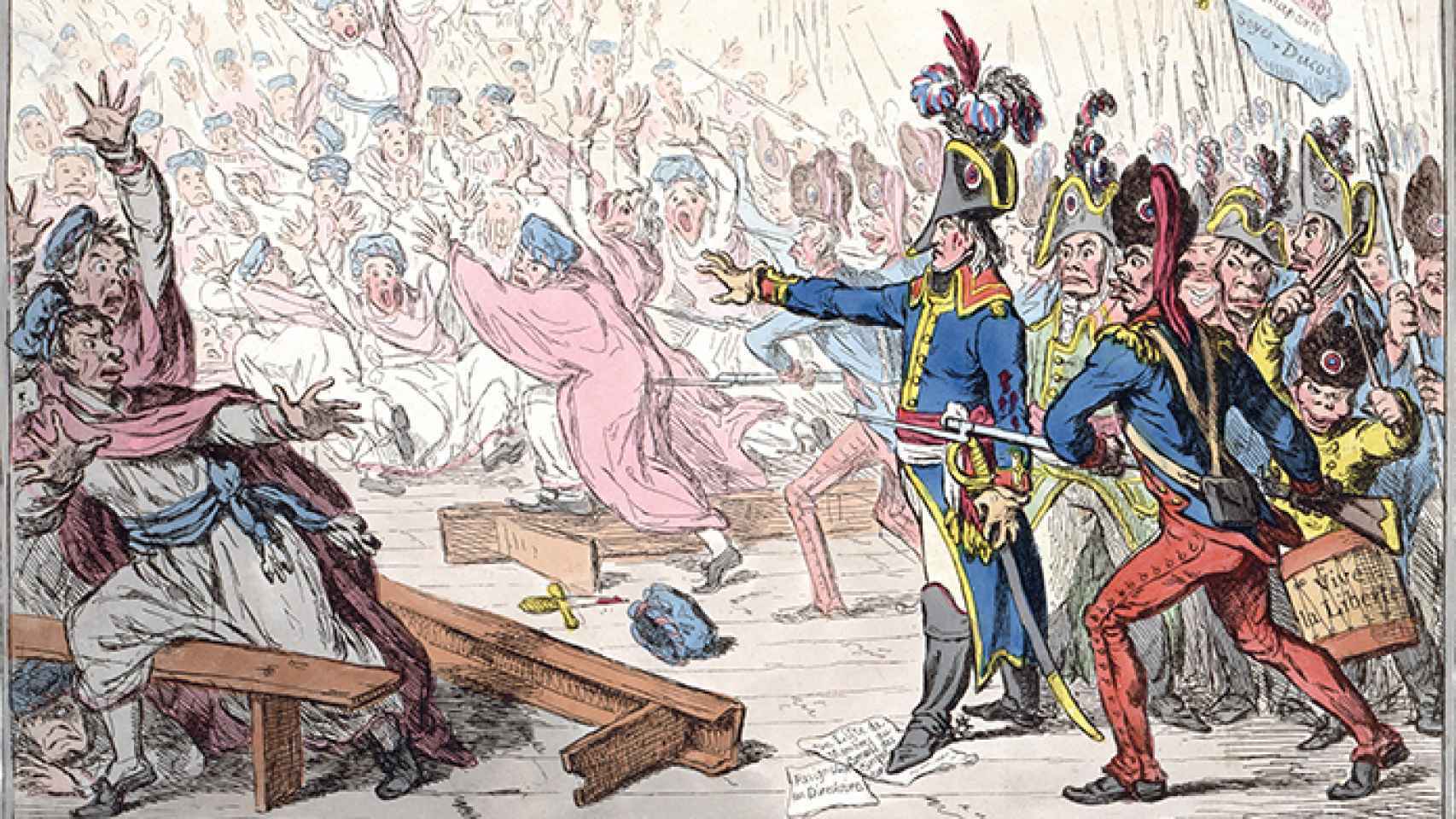 'Exit liberté à la François' (1799). Caricatura de Napoleón al frente de las tropas revolucionarias