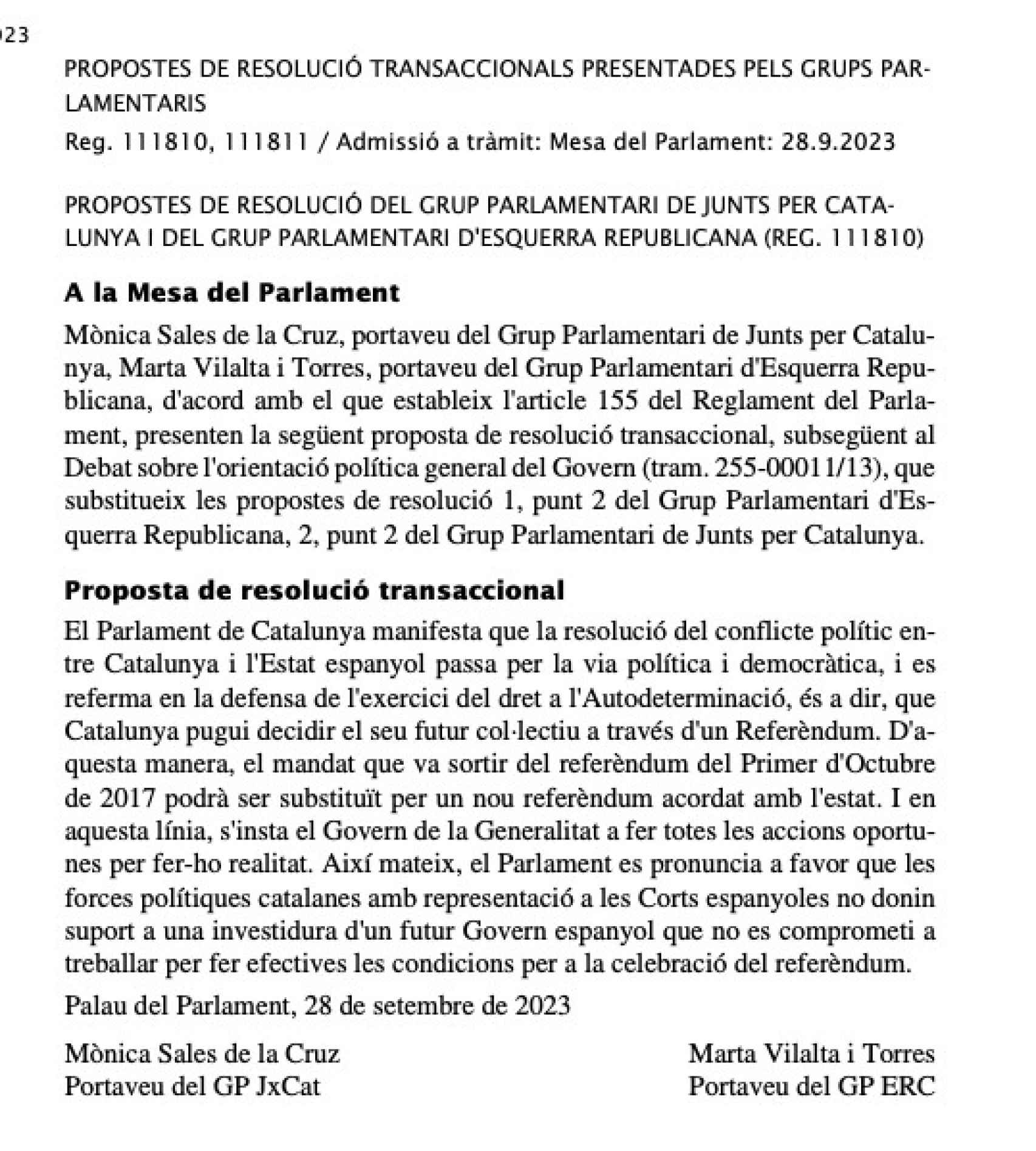 Propuesta de resolución de ERC y Junts para exigir un referéndum pactado con el Estado