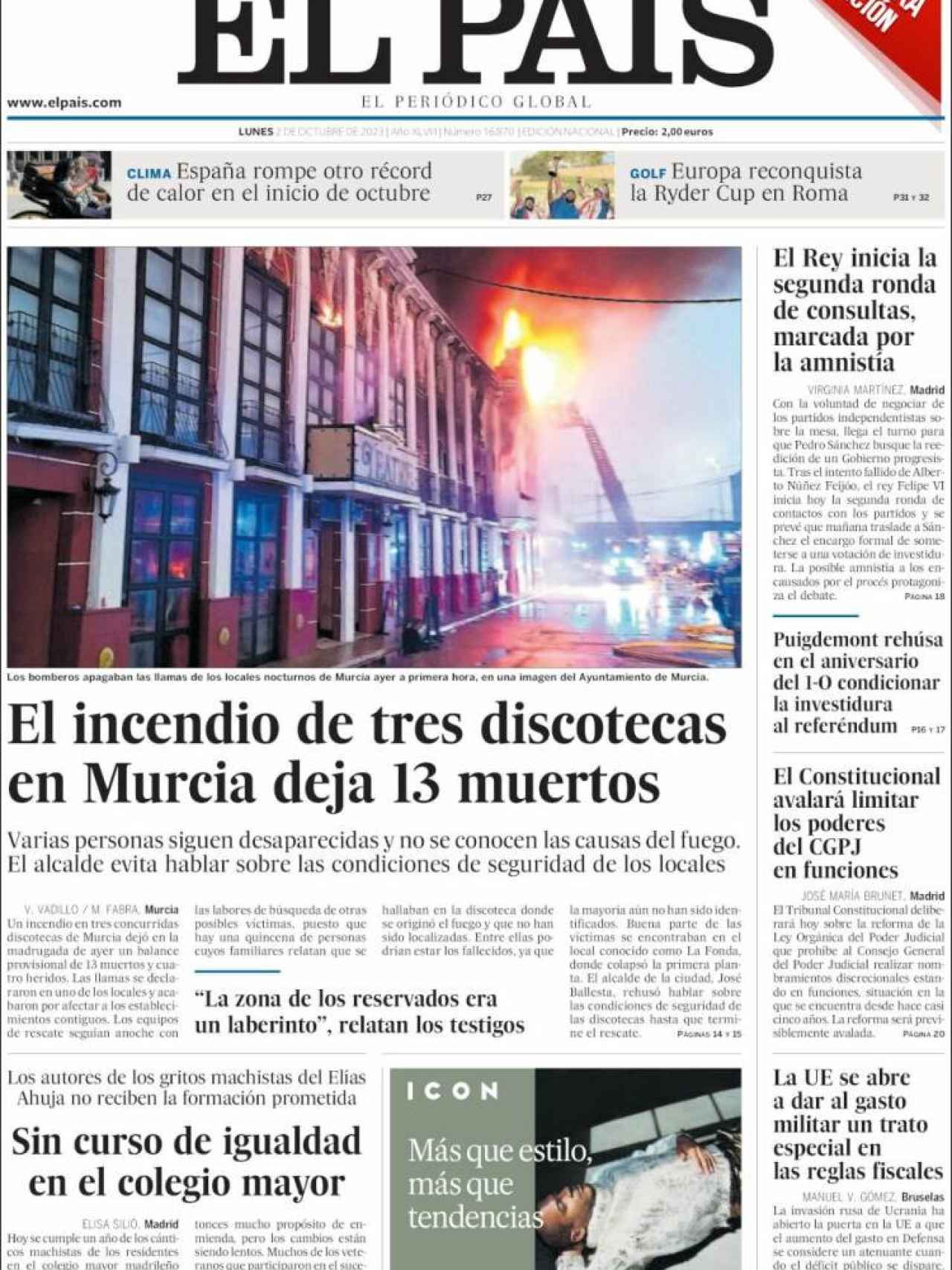Portada de 'El País' de 2 de octubre de 2023