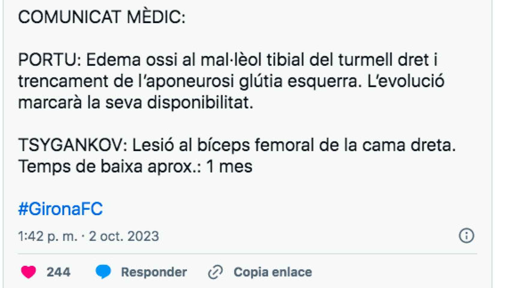 Tuit del Girona sobre la lesión de Portu