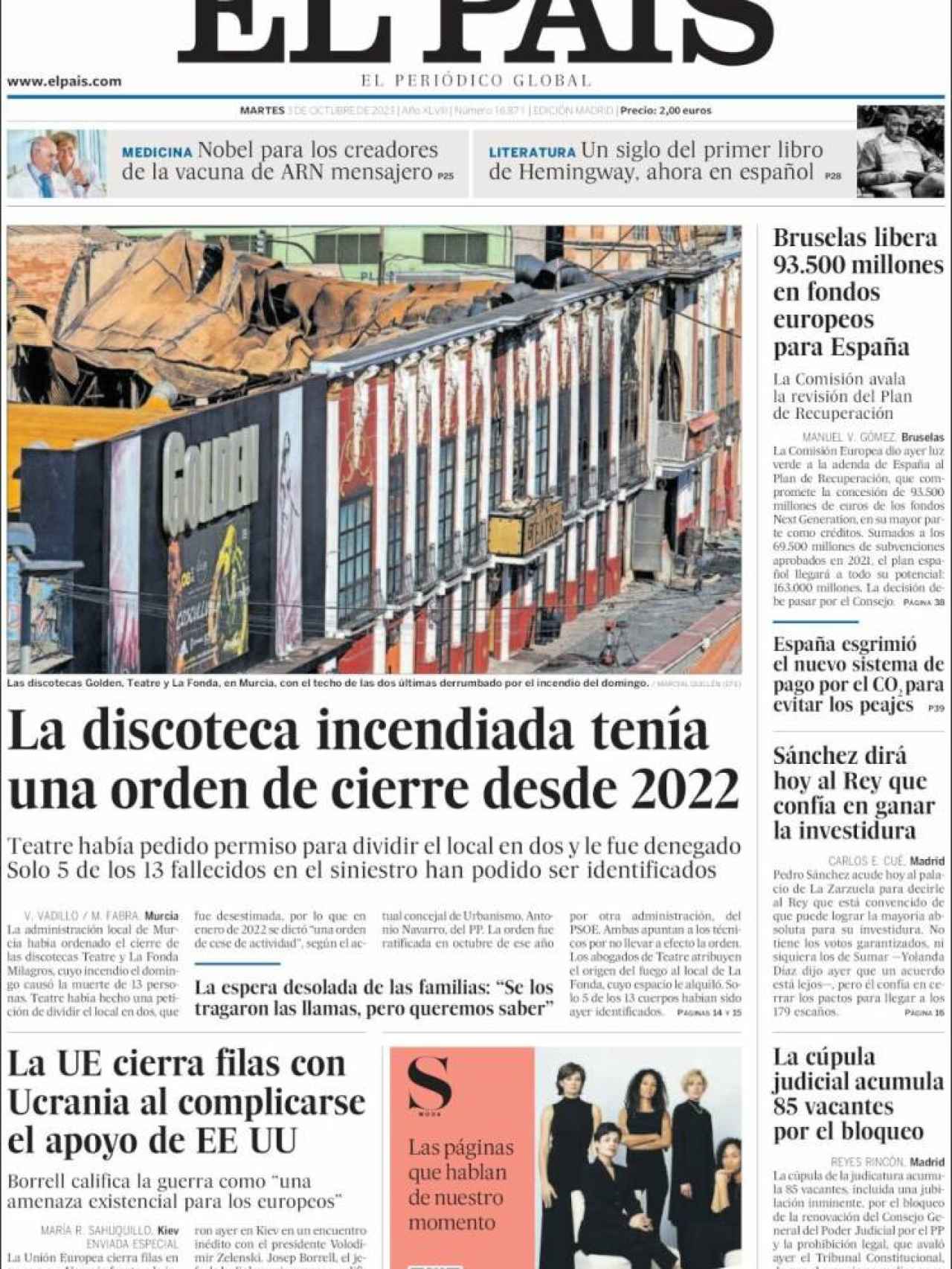 Portada de 'El País' de 3 de octubre de 2023