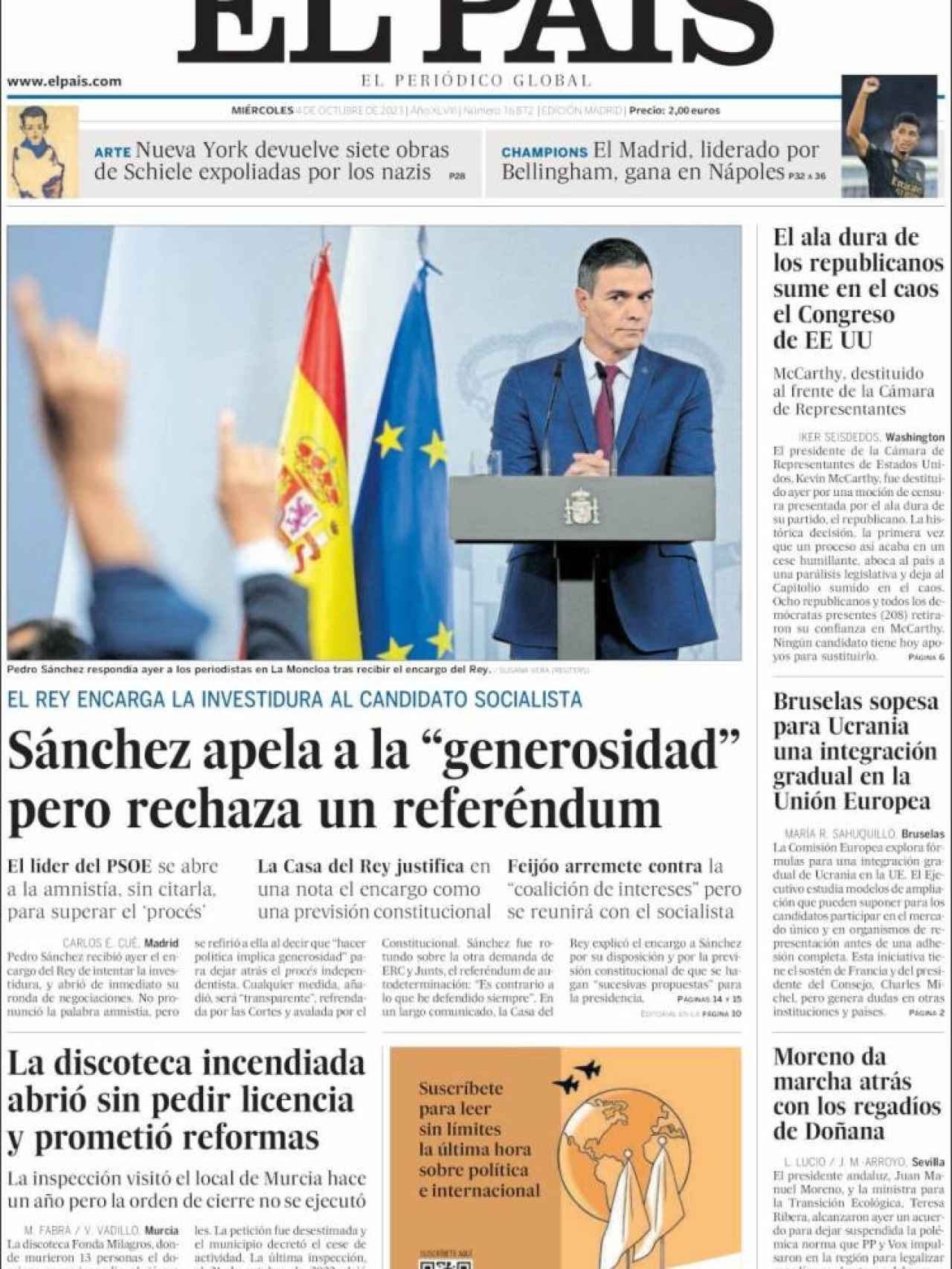 Portada de 'El País' de 4 de octubre de 2023