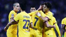 Los jugadores del Barça celebran el gol de la victoria contra el Oporto