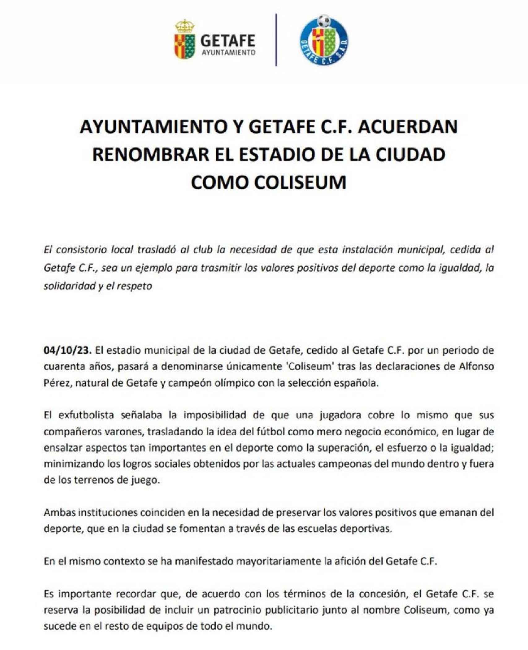 El Getafe anuncia que retira el nombre de Alfonso Pérez del Coliseum