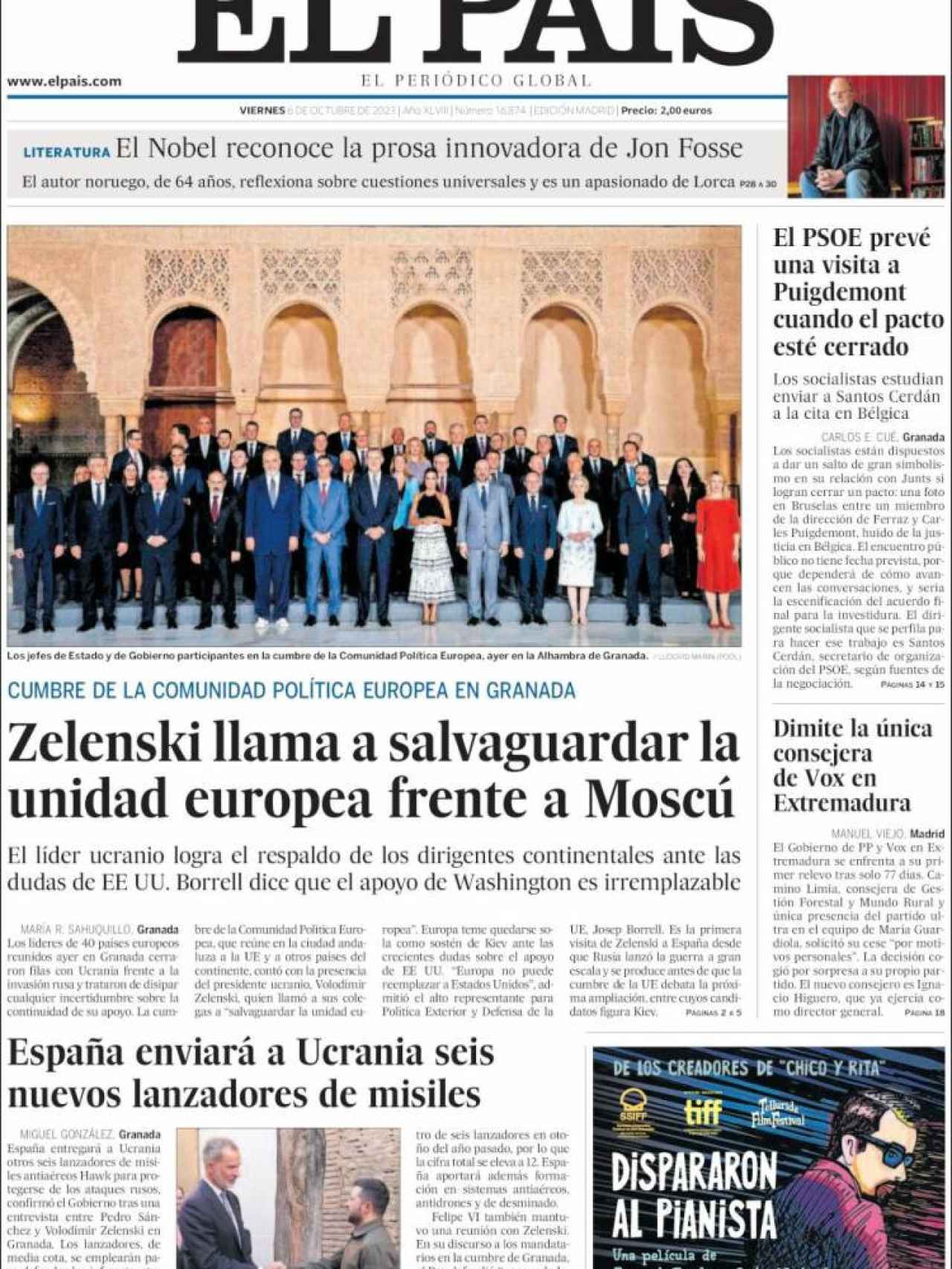 Portada de 'El País' de 6 de octubre de 2023