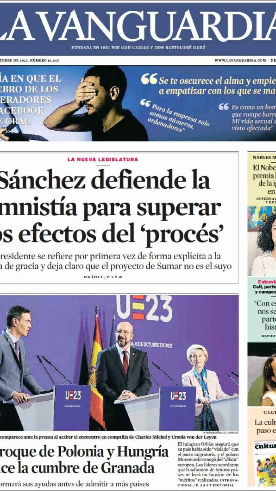 Portada de 'La Vanguardia' del 7 de octubre de 2023