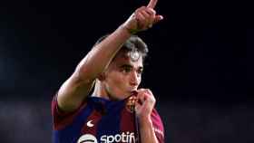 Gavi celebra un gol marcado con el FC Barcelona esta temporada
