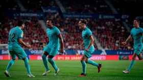 La euforia de los futbolistas del Barça tras anotar un gol contra el Osasuna