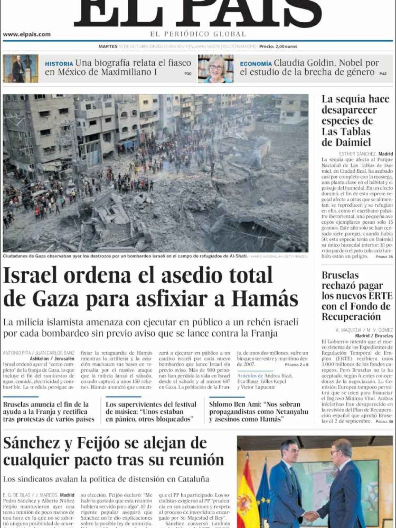 Portada de 'El País' de 10 de octubre de 2023